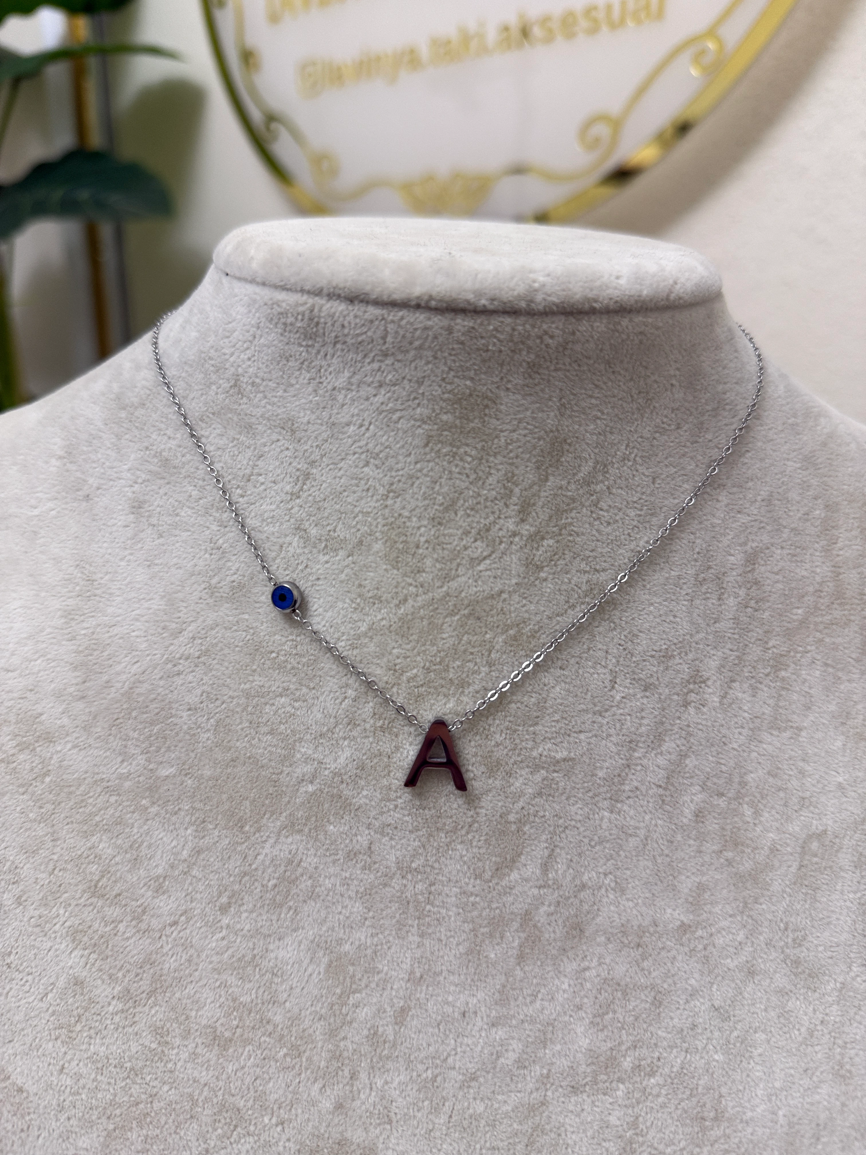 A harfi silver çelik nazar boncuklu kolye-LAVİNYA