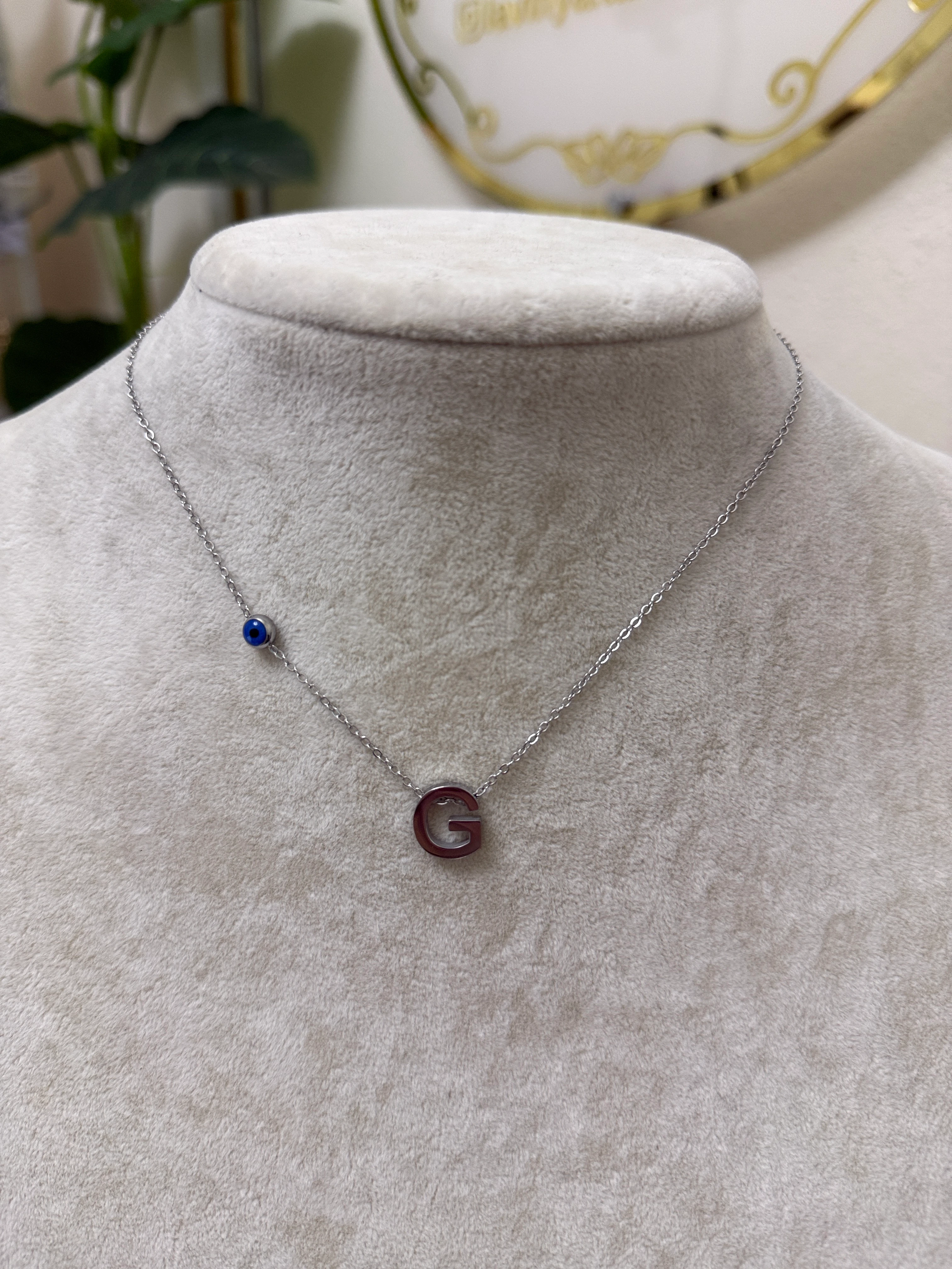 G harfi silver çelik nazar boncuklu kolye-LAVİNYA
