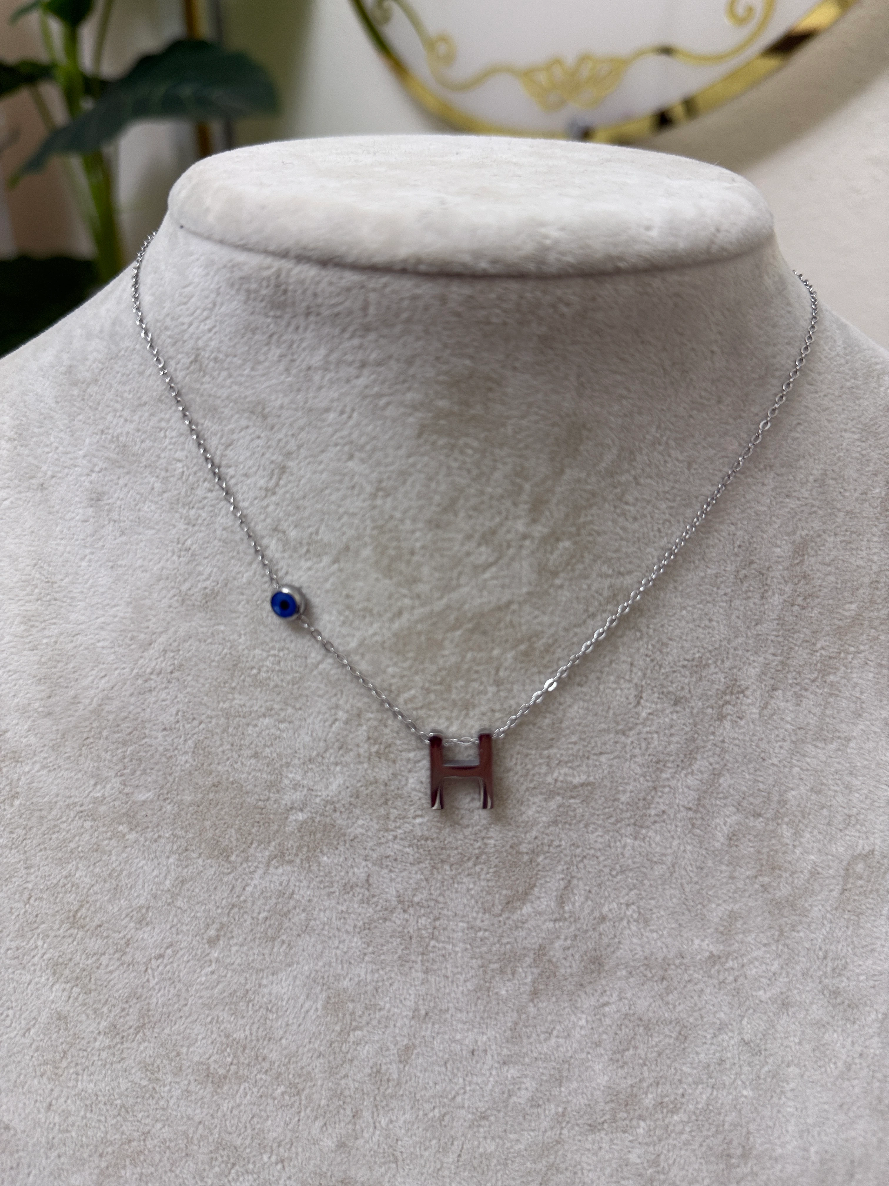 H harfi silver çelik nazar boncuklu kolye-LAVİNYA