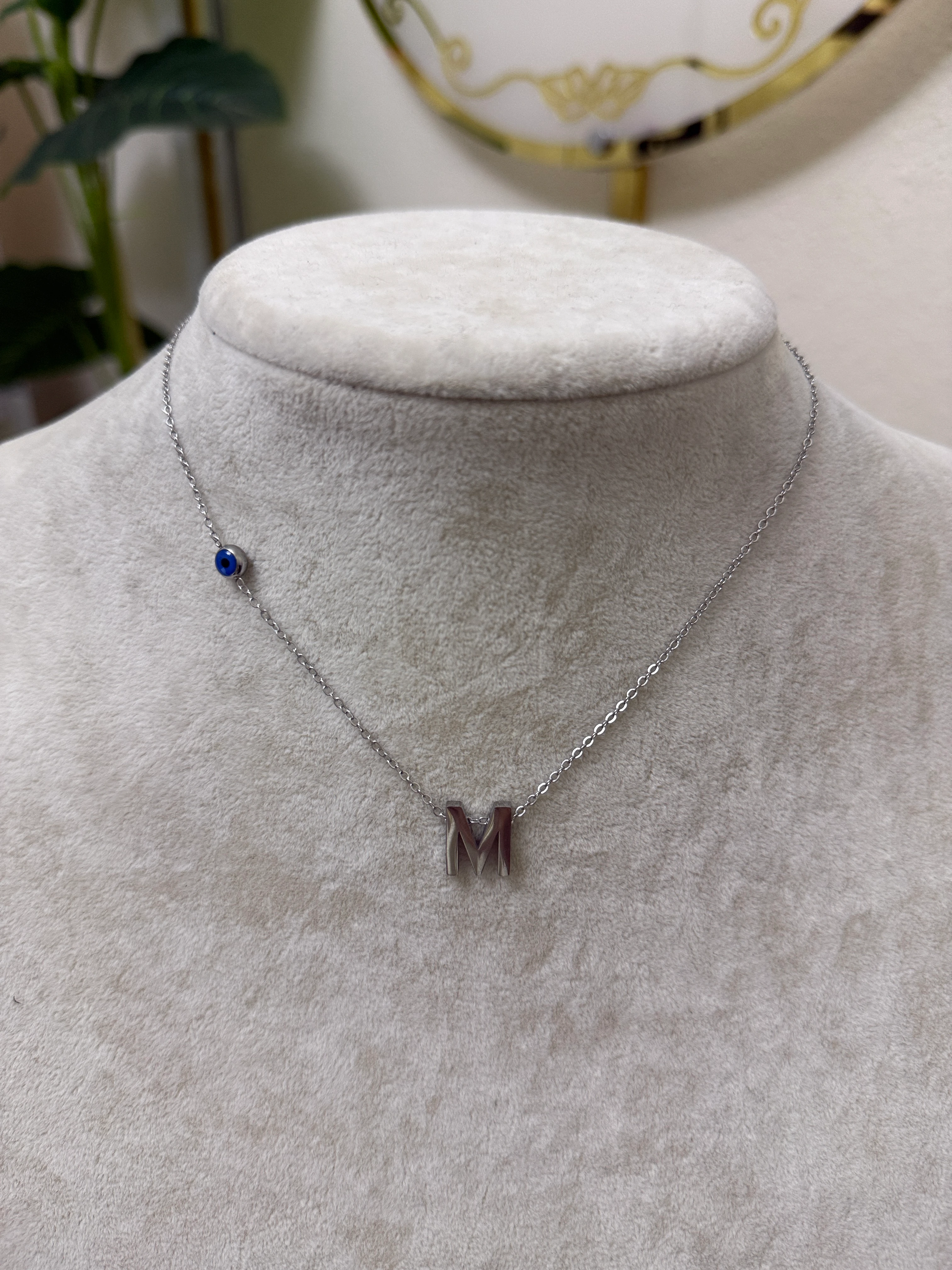 M harfi silver çelik nazar boncuklu kolye-LAVİNYA