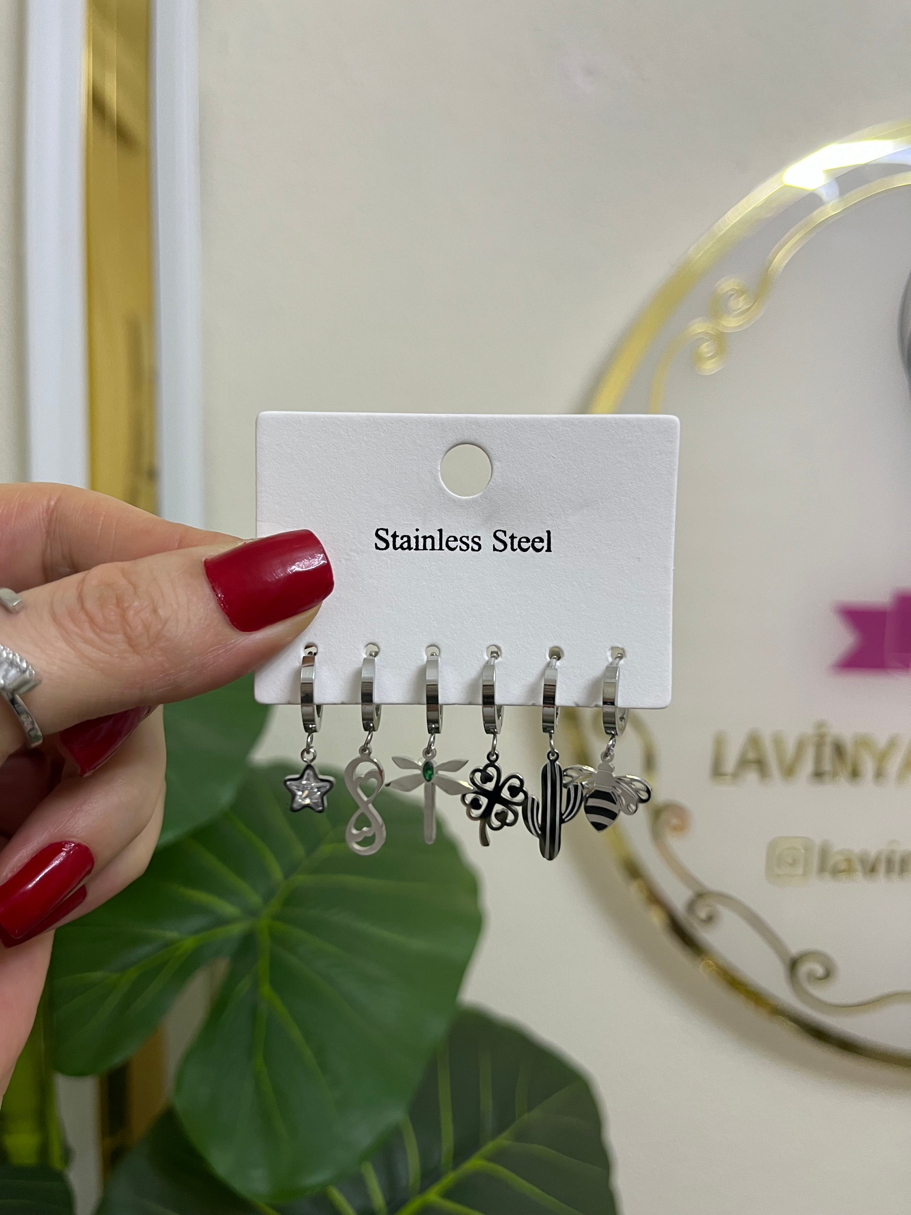 Çoklu çelik silver set küpe-LAVİNYA