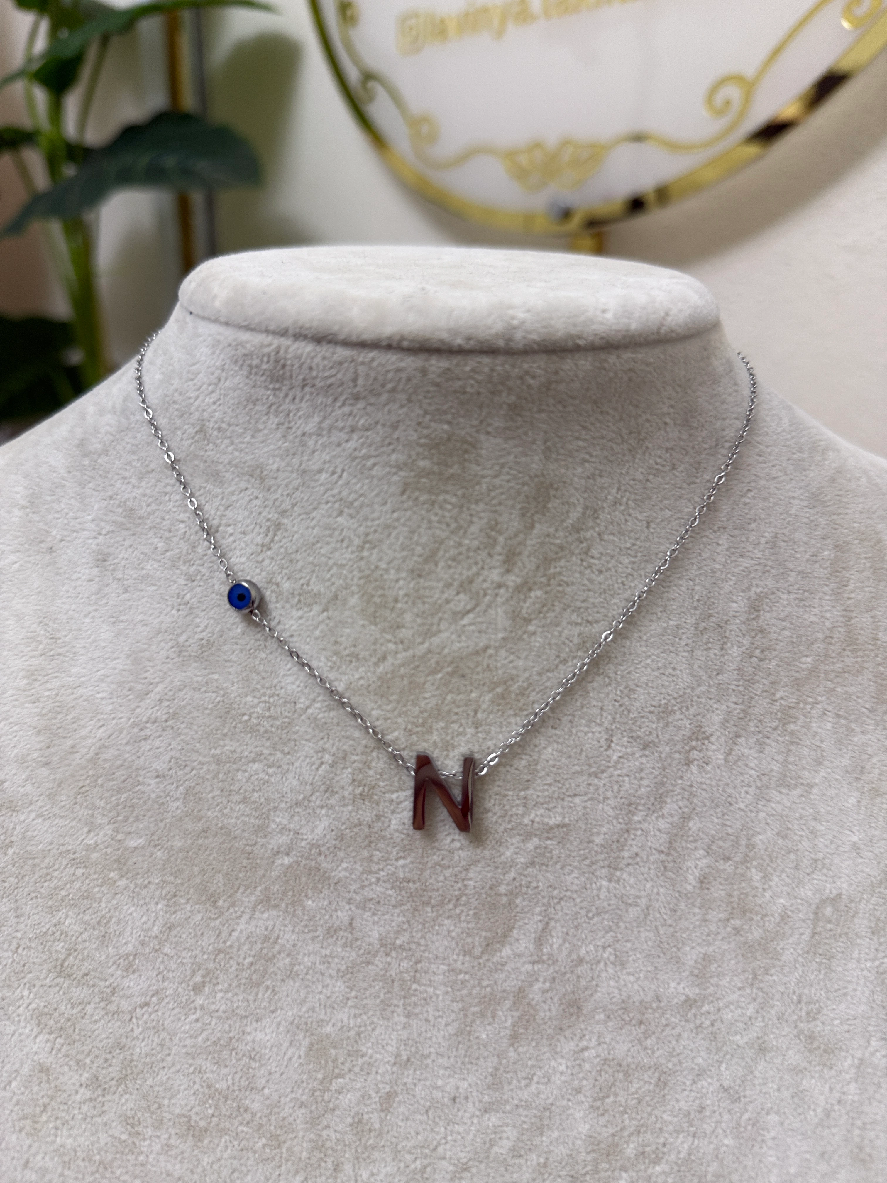 N harfi silver çelik nazar boncuklu kolye-LAVİNYA