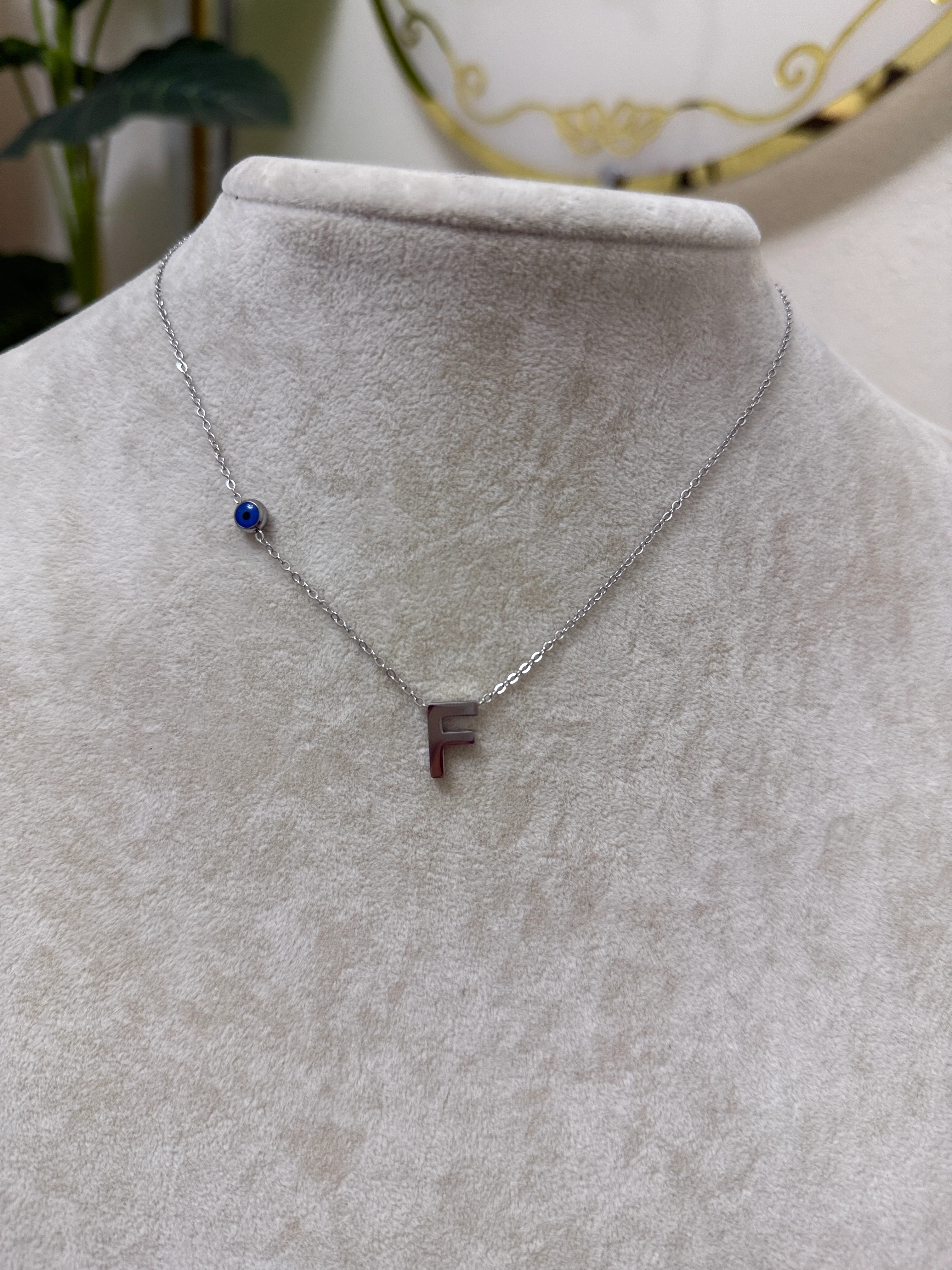 F harfi silver çelik nazar boncuklu kolye-LAVİNYA