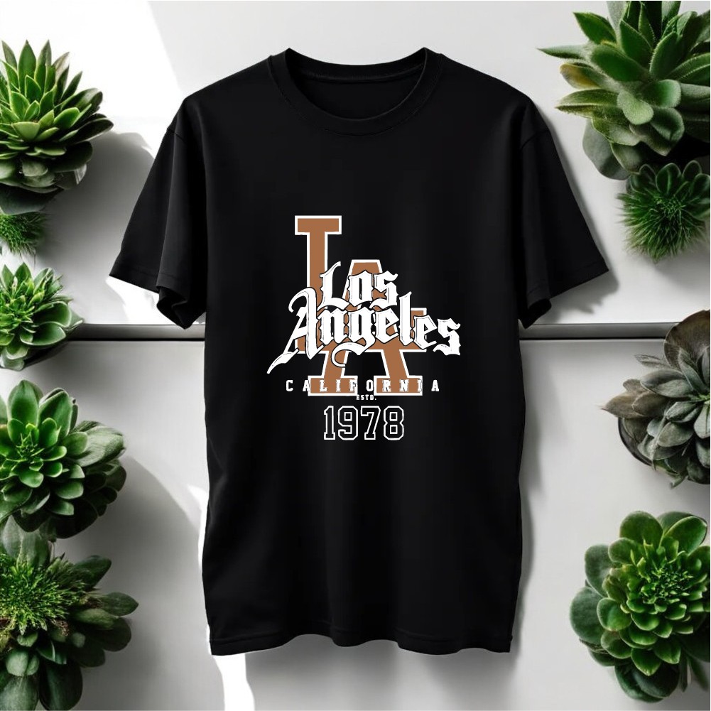 Los Angeles Tasarımlı Bisiklet Yaka Tişört - Siyah