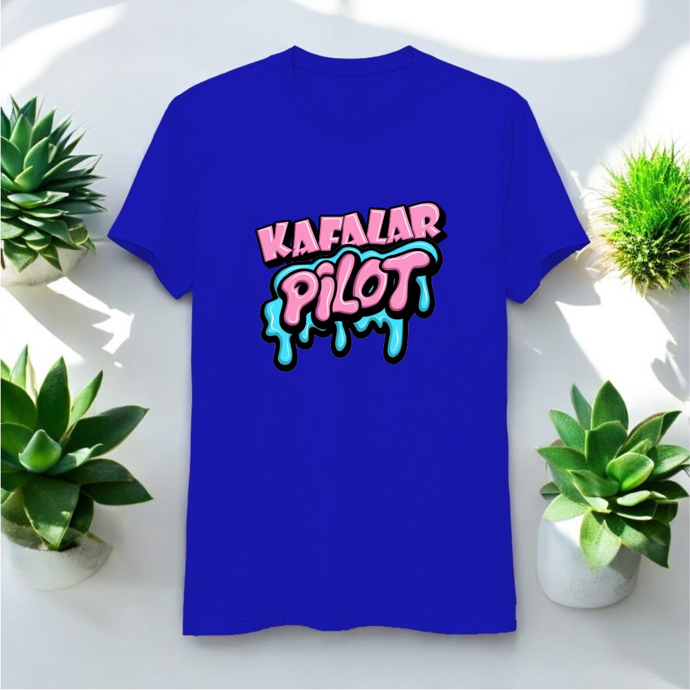 Kafalar Pilot Tasarımlı Bisiklet Yaka Tişört - Lacivert