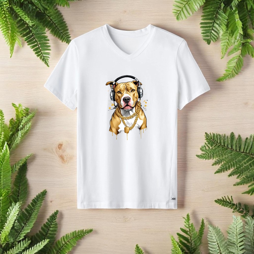 Kulaklık Takan Köpek Tasarım V Yaka Tişört