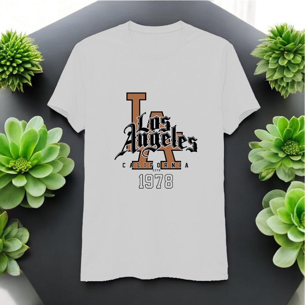 Los Angeles Tasarımlı Bisiklet Yaka Tişört - Beyaz