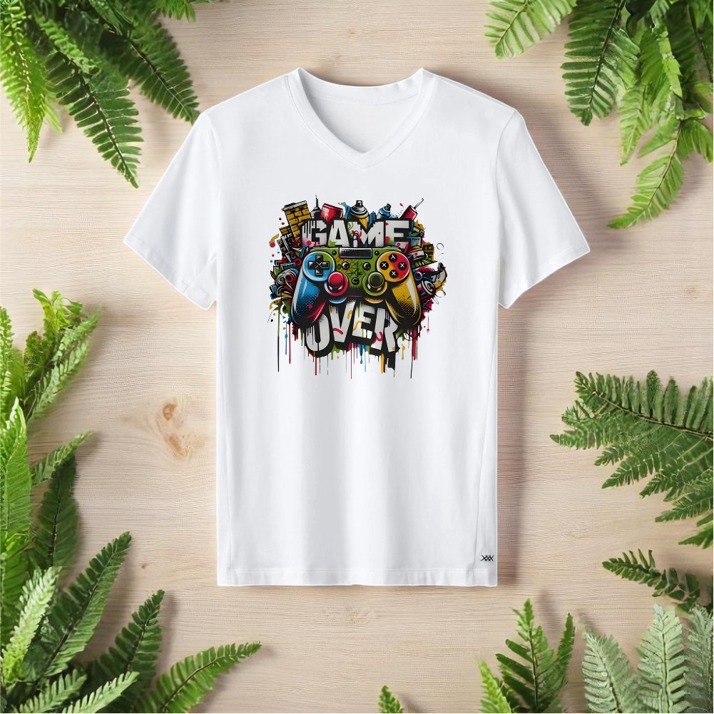 Game Over Tasarımlı V Yaka Tişört - Beyaz