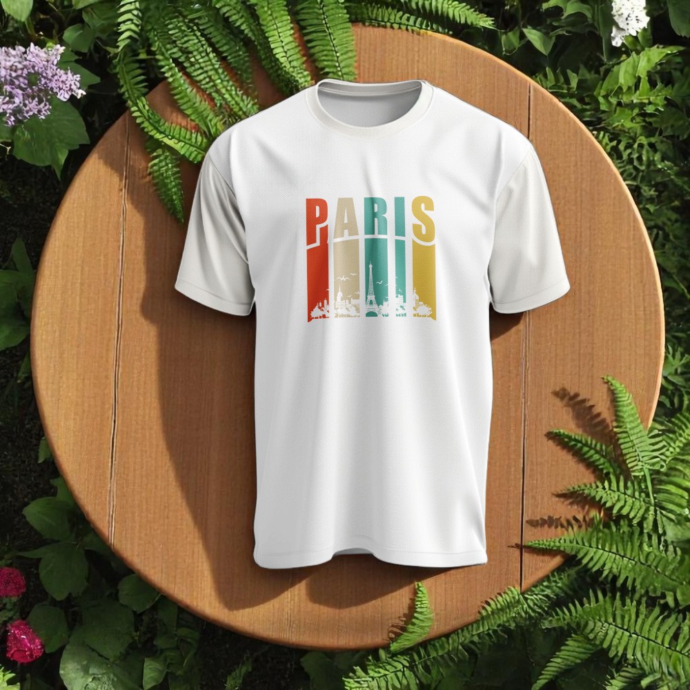 Paris Tasarımlı Bisiklet Yaka Tişört - Beyaz