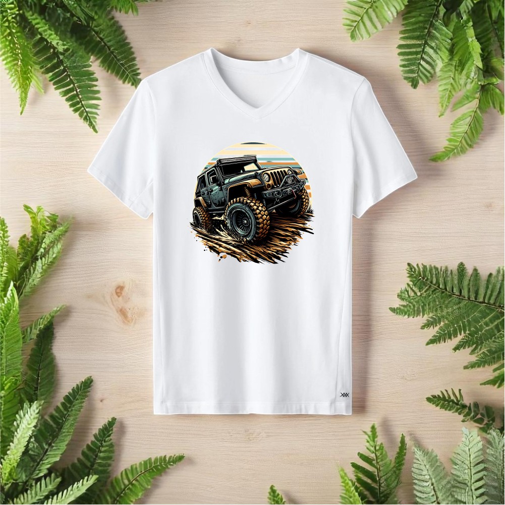 Çamurlu Off Road Tasarımlı V Yaka Tişört - Beyaz