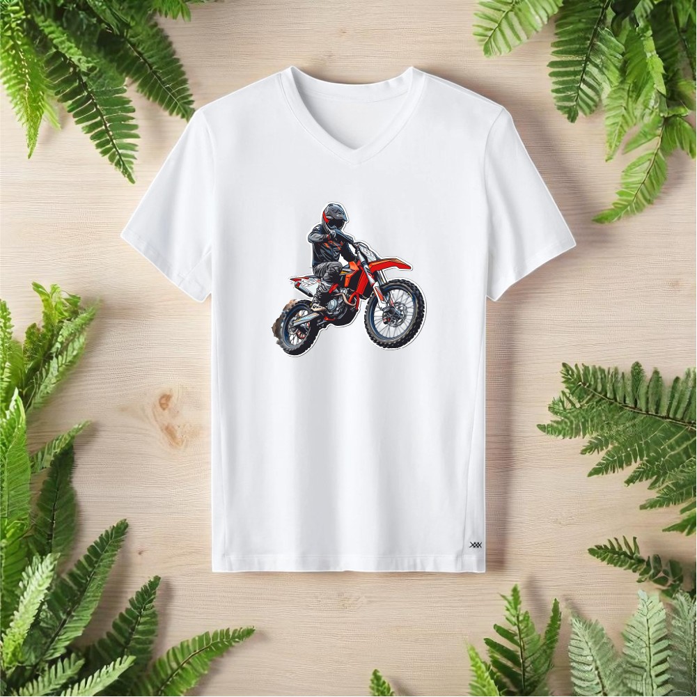 Off Road ve Yarış Motor Tasarımlı V Yaka Tişört - Beyaz