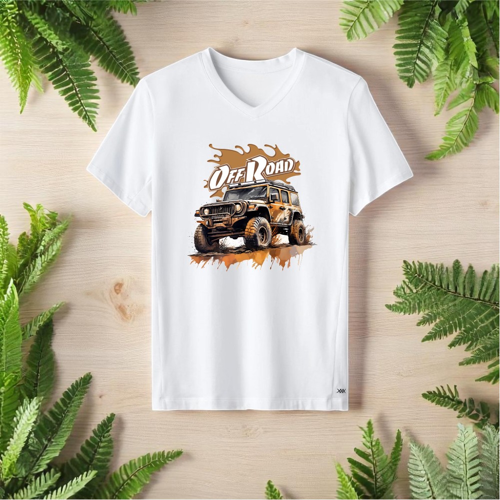 Çamurda Off Road Tasarımlı V Yaka Tişört - Beyaz