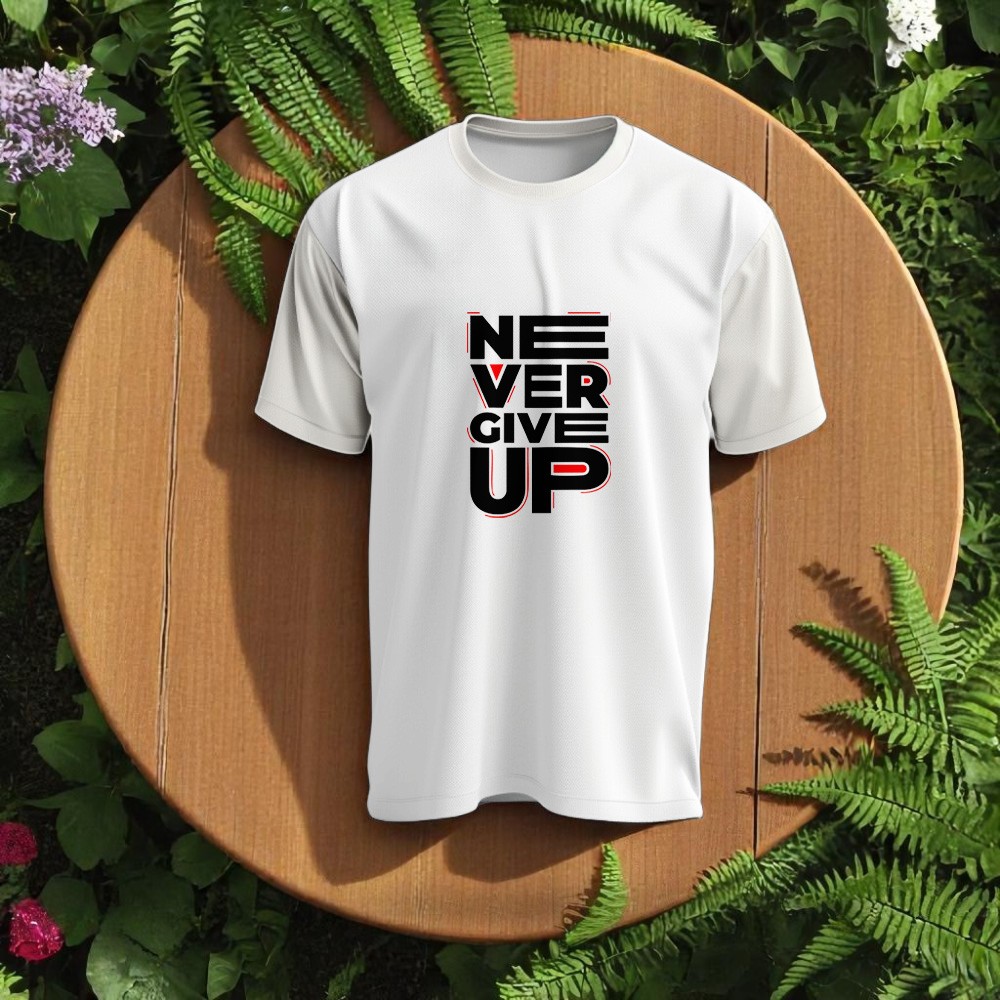 Never Give Up - Asla Pes Etme Tasarımlı Bisiklet Yaka Tişört - Beyaz