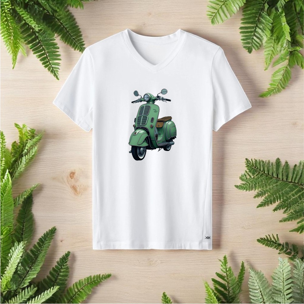 Motor Tasarımlı V Yaka Tişört - Beyaz