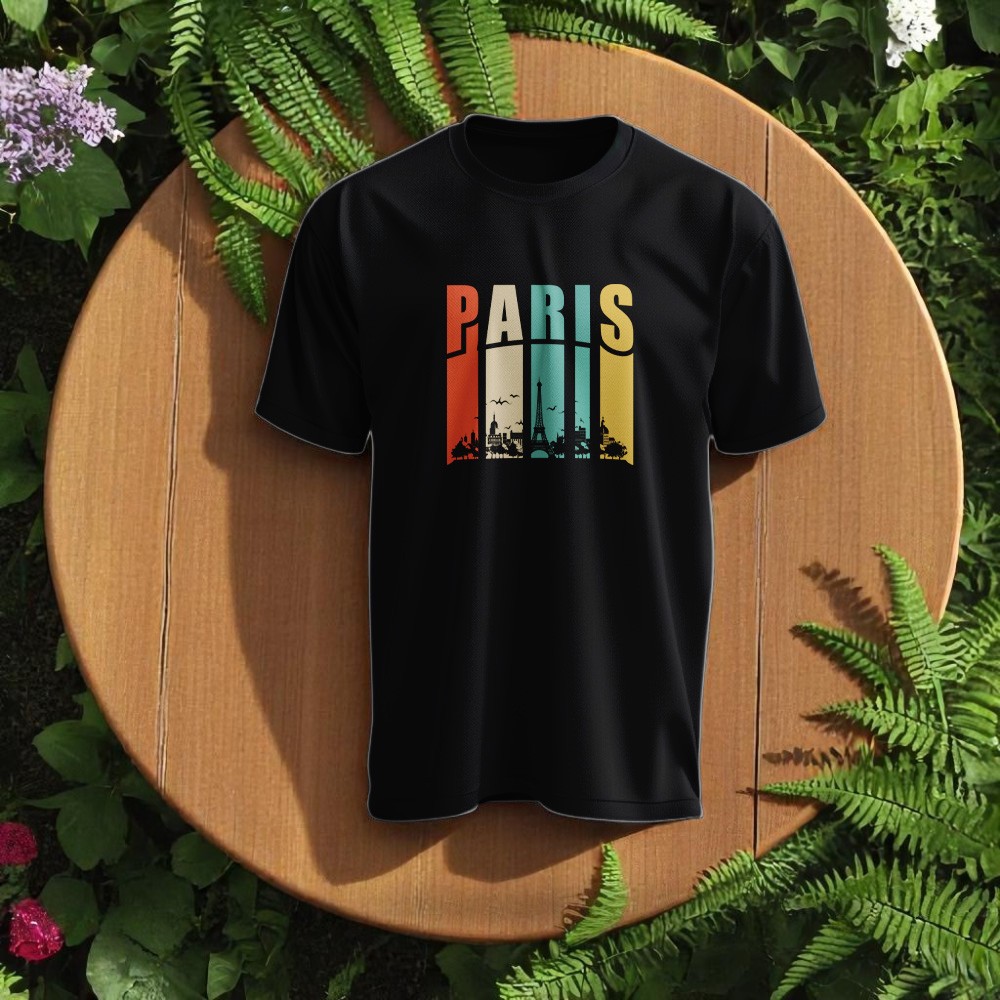 Paris Tasarımlı Bisiklet Yaka Tişört - Siyah