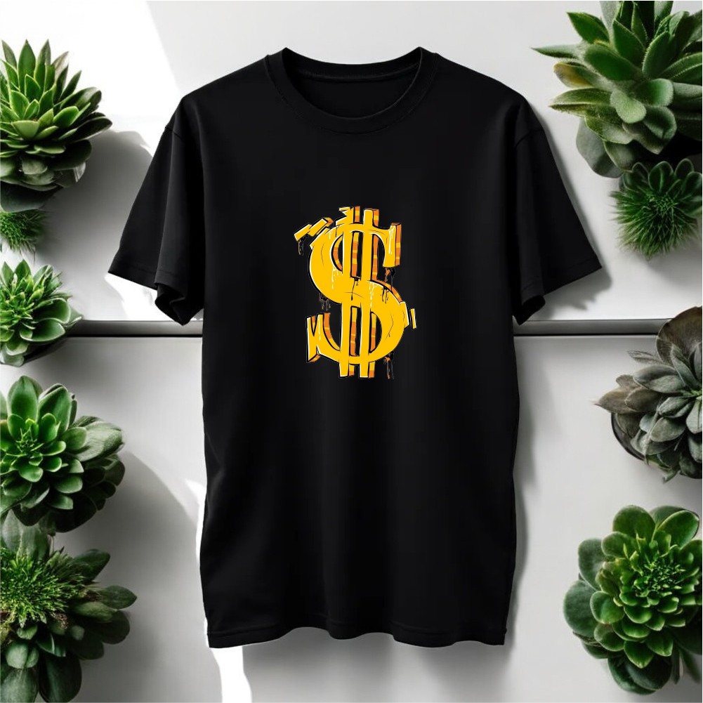 Dolar Tasarımlı Bisiklet Yaka Tişört - Siyah