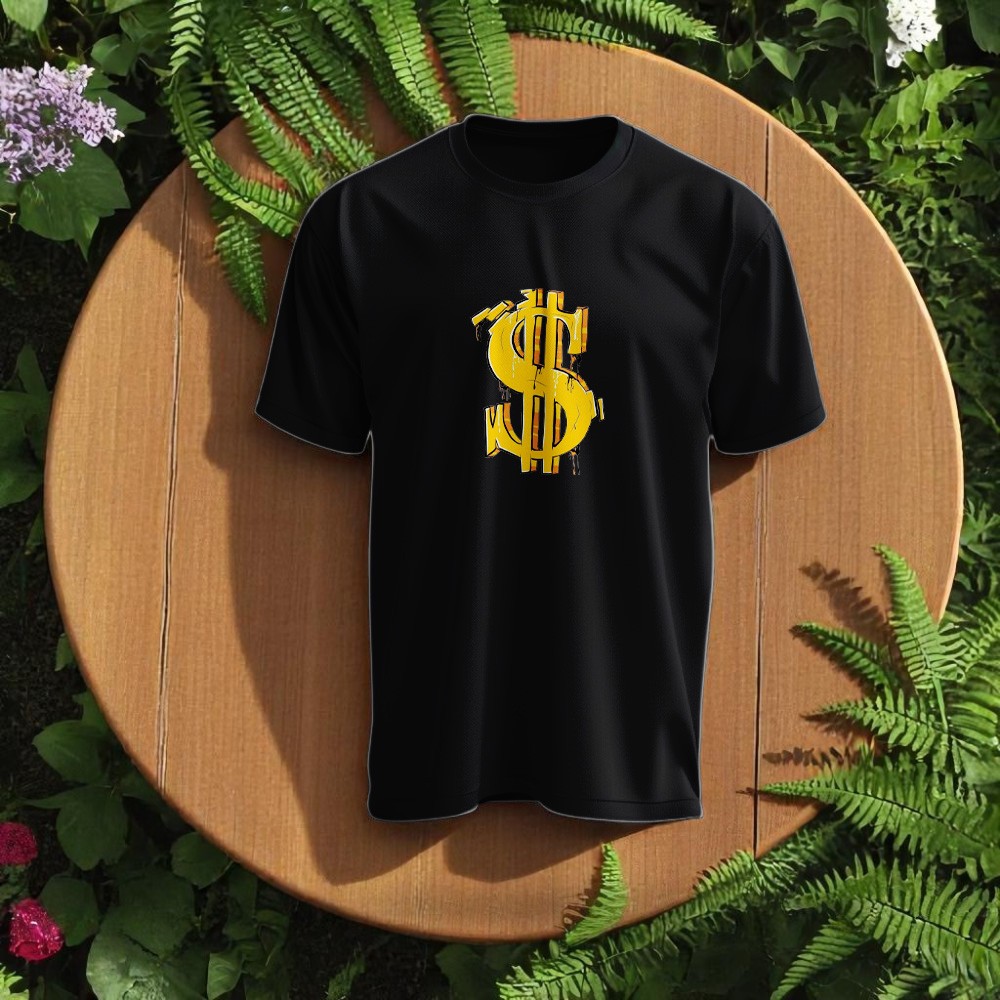 Dolar Tasarımlı Bisiklet Yaka Tişört - Siyah