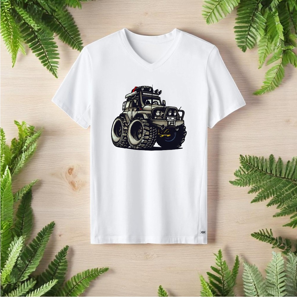 Büyük Off Road Aracı Tasarımlı V Yaka Tişört - Beyaz