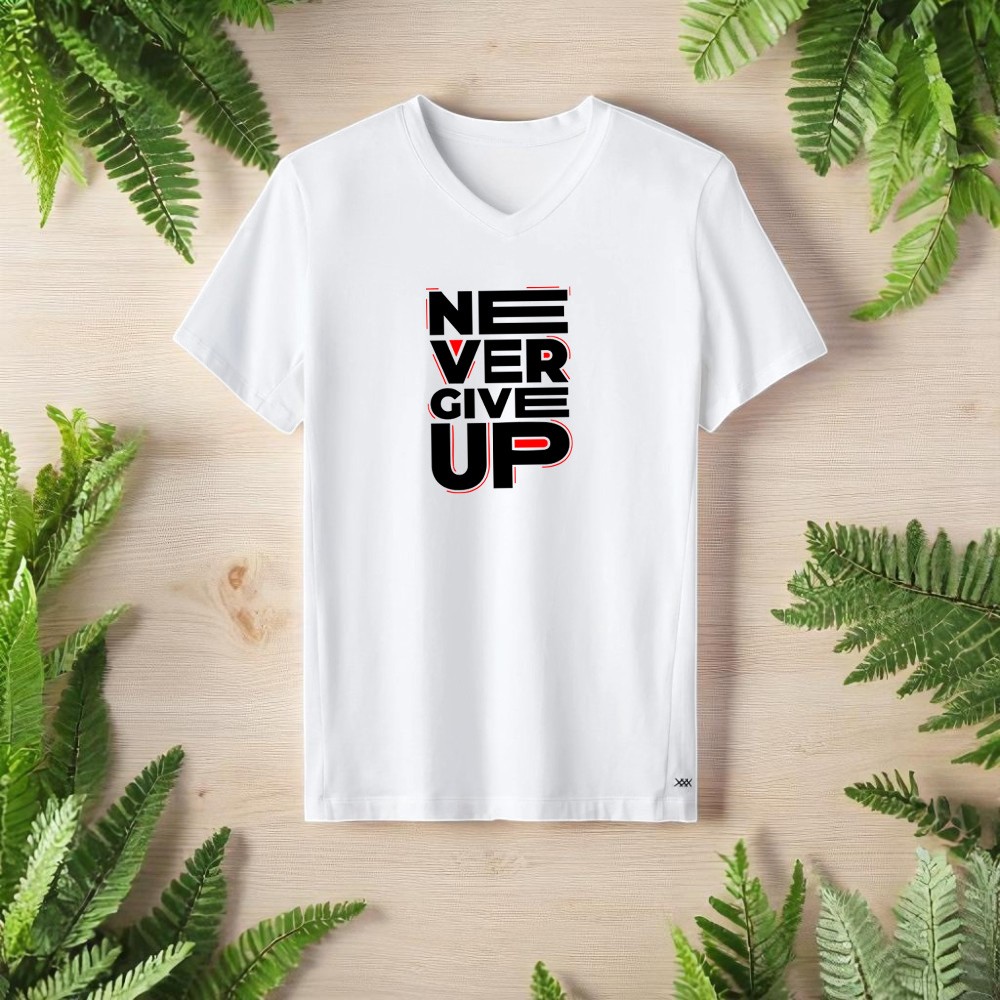 Never Give Up - Asla Pes Etme Tasarımlı V Yaka Tişört