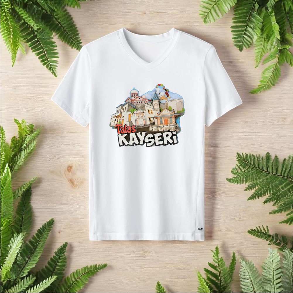 Kayseri Tasarımlı V Yaka Tişört - Beyaz