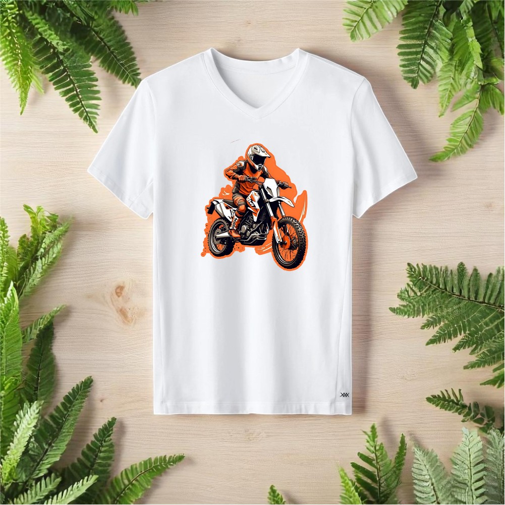 Off Road motorcu Tasarımlı V Yaka Tişört - Beyaz