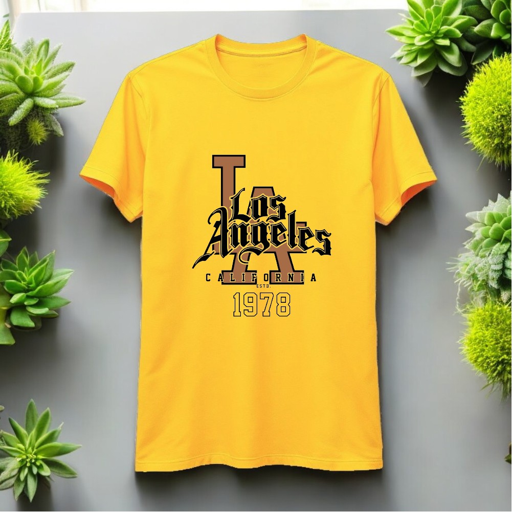 Los Angeles Tasarımlı Bisiklet Yaka Tişört - Sarı