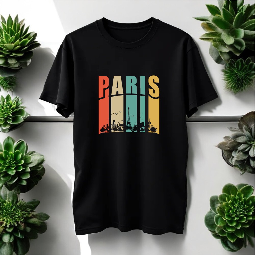 Paris Tasarımlı Bisiklet Yaka Tişört - Siyah