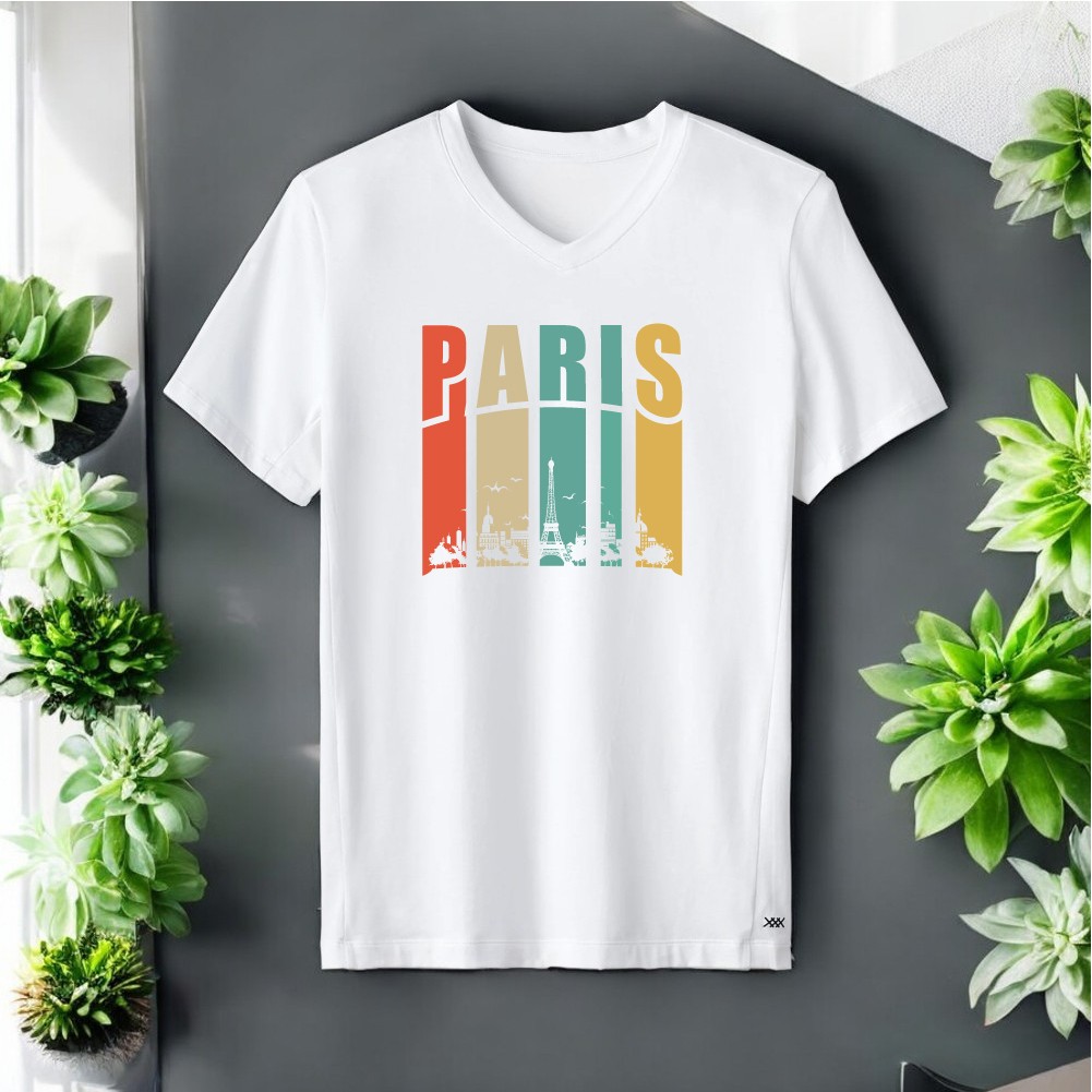 Paris Tasarımlı Bisiklet Yaka Tişört - Beyaz