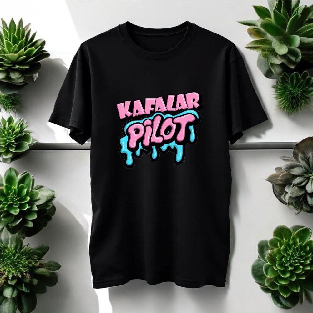 Kafalar Pilot Tasarımlı Bisiklet Yaka Tişört - Siyah