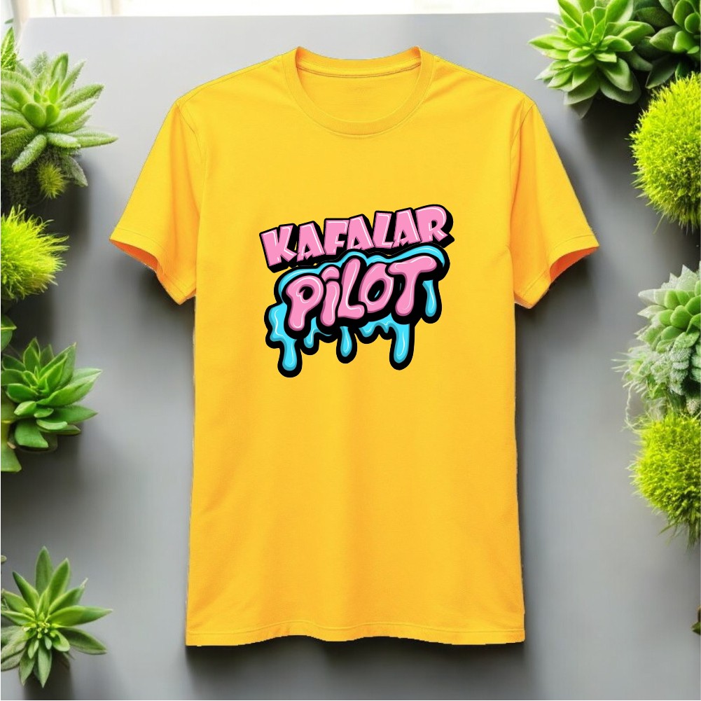 Kafalar Pilot Tasarımlı Bisiklet Yaka Tişört - Sarı