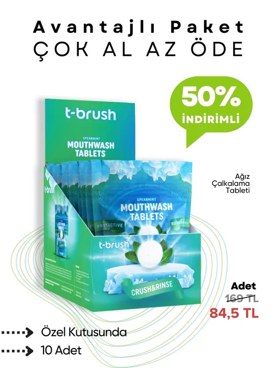 T-Brush - Nane Aromalı Ağız Çalkalama Tableti - 30 Tablet - 10'lu Paket