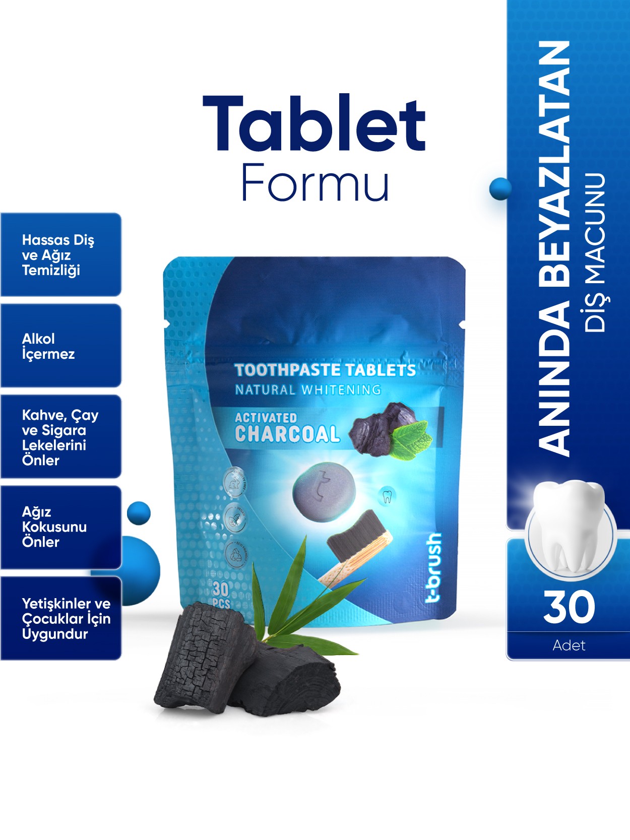 t-brush Aktif Kömür Beyazlatıcı Diş Macunu Tableti - 30 Tablet