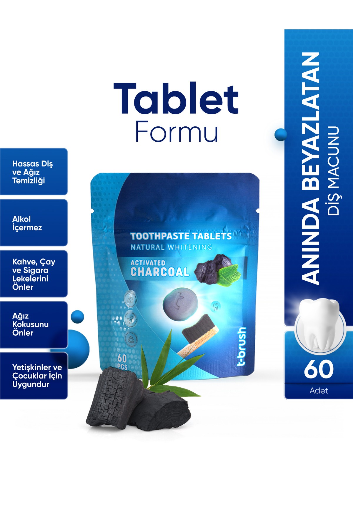Smokers Beyazlatıcı Activated Charcoal - 60 Tablet  - Nane Aromalı Diş Macunu Tableti - 60 Tablet