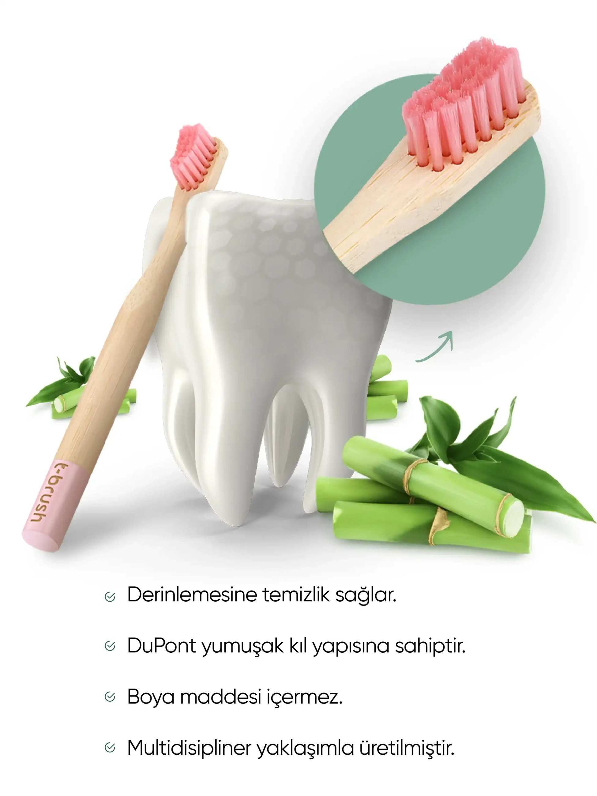 T-Brush - Bambu Çocuk Diş Fırçası-Pembe ve Çocuk Diş Fırçası Kutusu / Krem Rengi