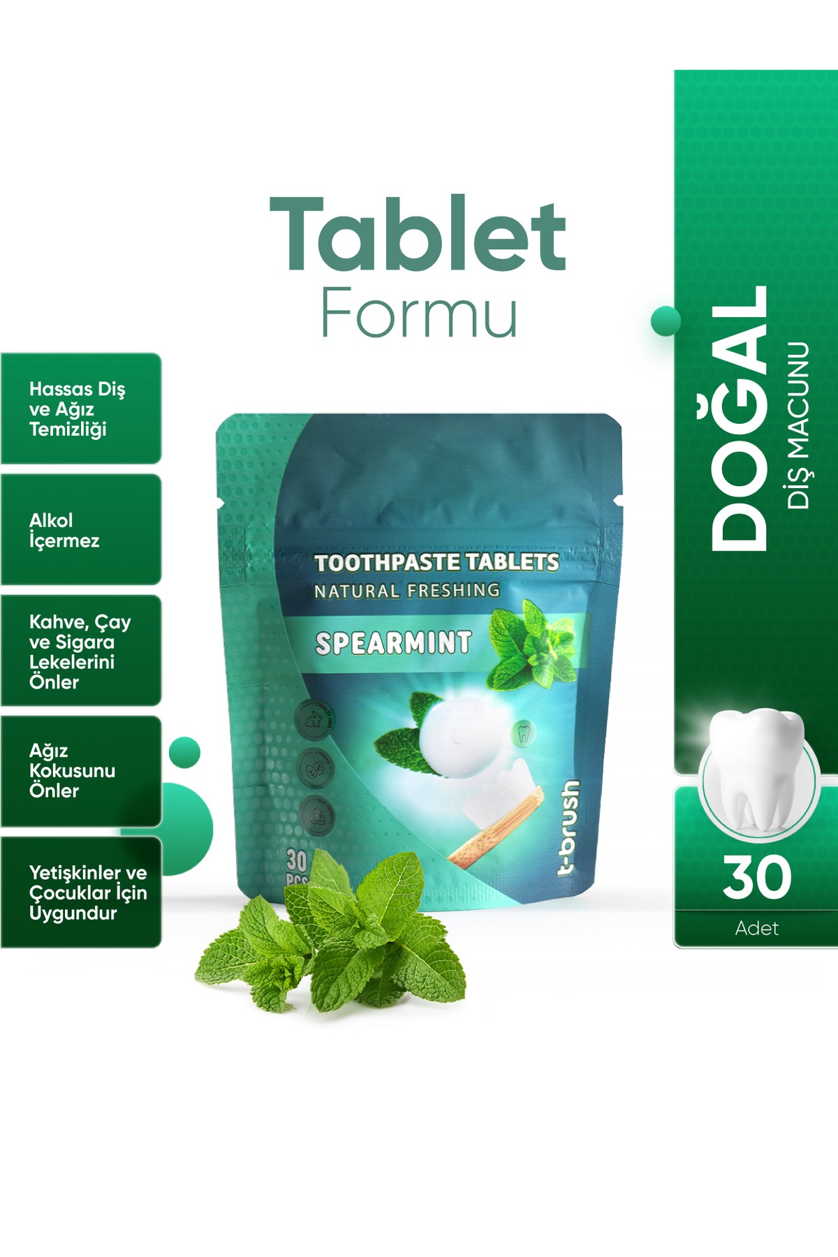 Koruyucu Ve Ferahlatıcı Ağız Çalkalama Tableti 30 Tablet -  Ağız Kokusu Önleyici Mentol ve Nane Aromalı Pastil - Nane Aromalı Diş Macunu Tableti - 30 Tablet