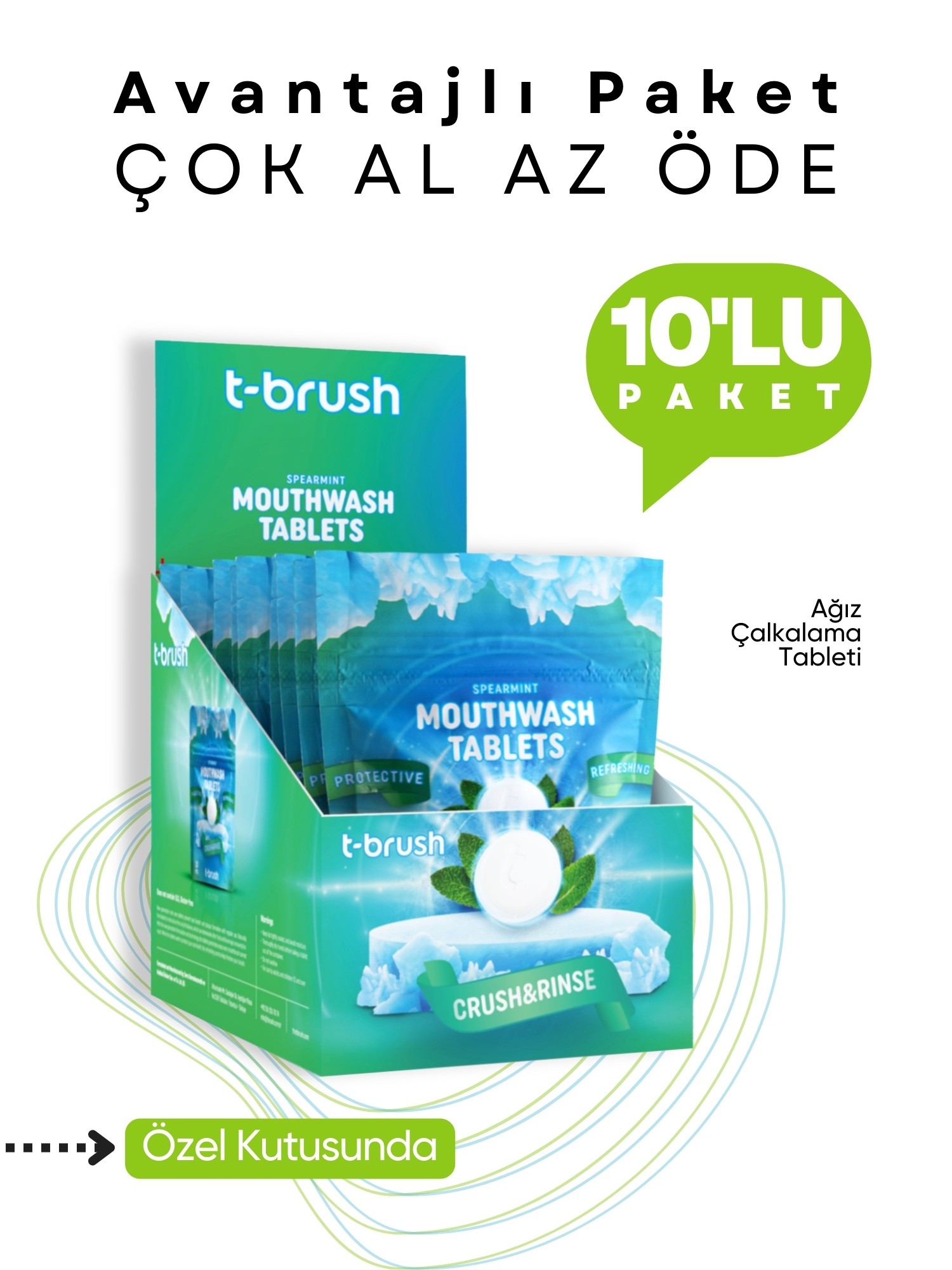 T-Brush - Nane Aromalı Ağız Çalkalama Tableti - 30 Tablet - 10'lu Paket