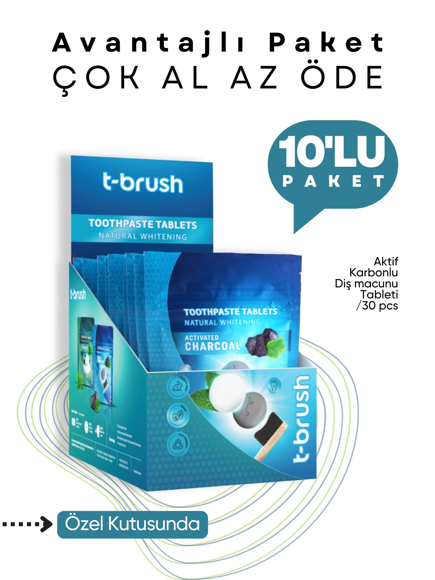 T-Brush - Aktif Kömür Beyazlatıcı Diş Macunu Tableti - 30 Tablet - 10'lu Paket