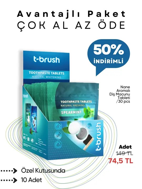 T-Brush - Nane Aromalı Diş Macunu Tableti - 30 Tablet - 10'lu Paket