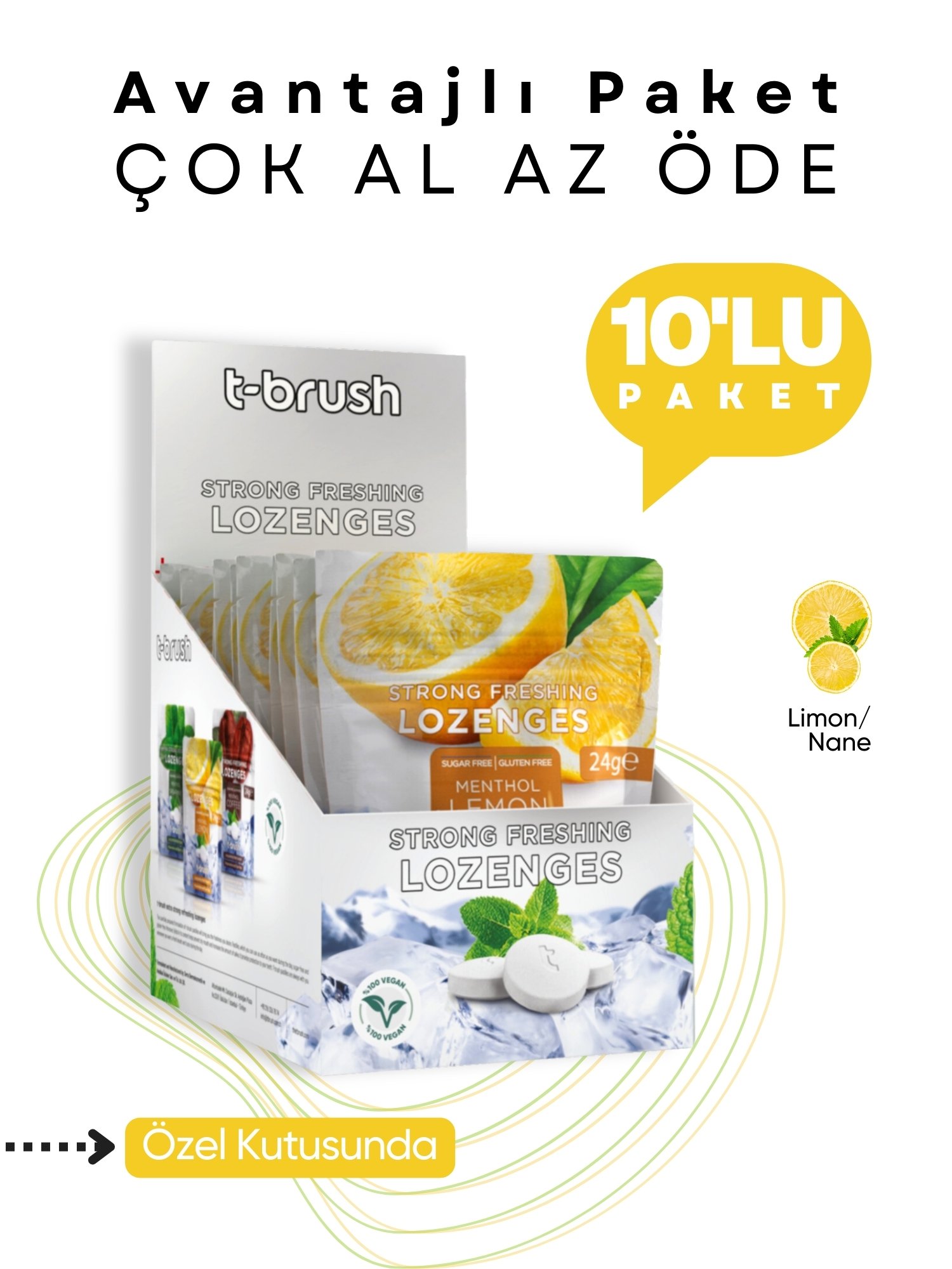 T-Brush - Limon Nane Aromalı Ferahlatıcı ve Ağız Kokusu Önleyici Pastil - 10' lu Paket