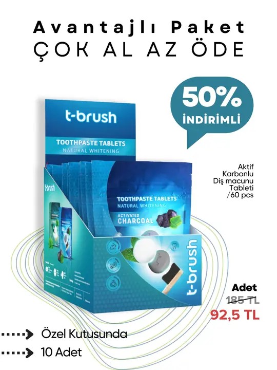 T-Brush - Aktif Kömür Beyazlatıcı Diş Macunu Tableti - 60 Tablet - 10'lu Paket