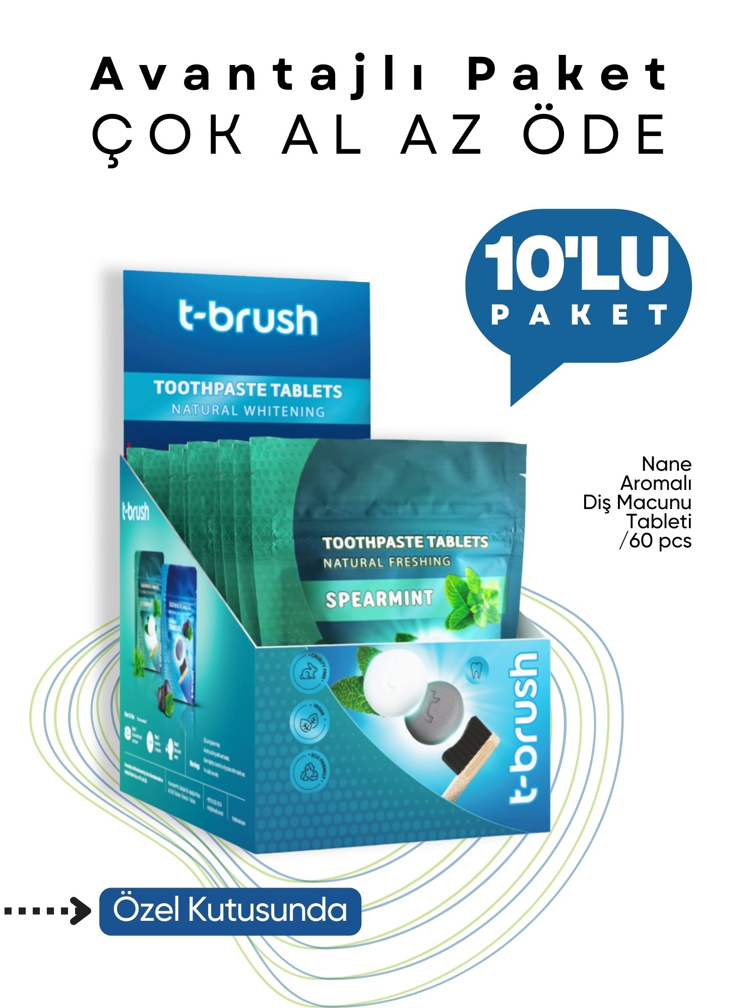 T-Brush - Nane Aromalı Diş Macunu Tableti - 60 Tablet - 10'lu Paket