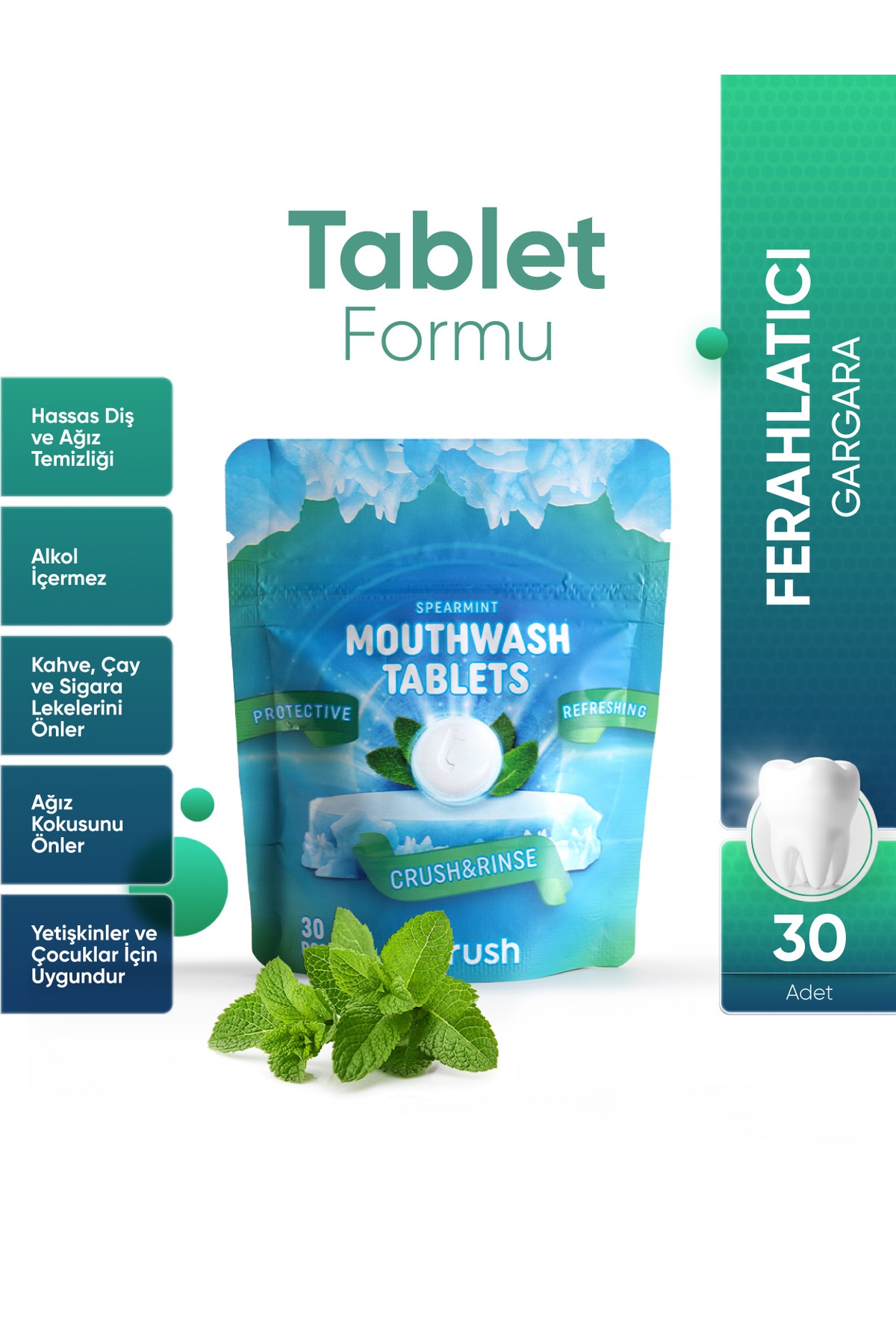 Koruyucu Ve Ferahlatıcı Ağız Çalkalama Tableti 30 Tablet -  Ağız Kokusu Önleyici Mentol ve Nane Aromalı Pastil - Nane Aromalı Diş Macunu Tableti - 30 Tablet