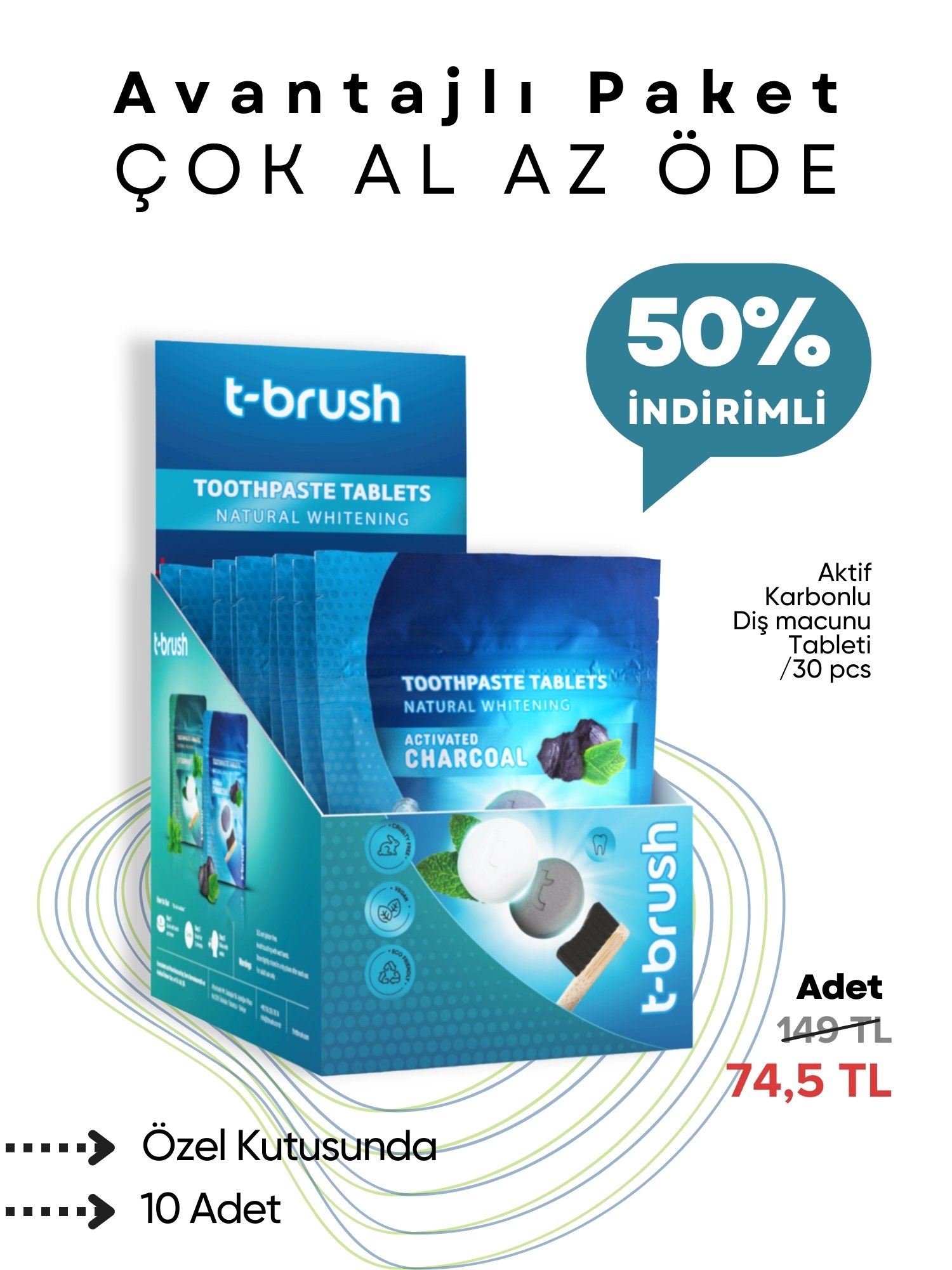 T-Brush - Aktif Kömür Beyazlatıcı Diş Macunu Tableti - 30 Tablet - 10'lu Paket