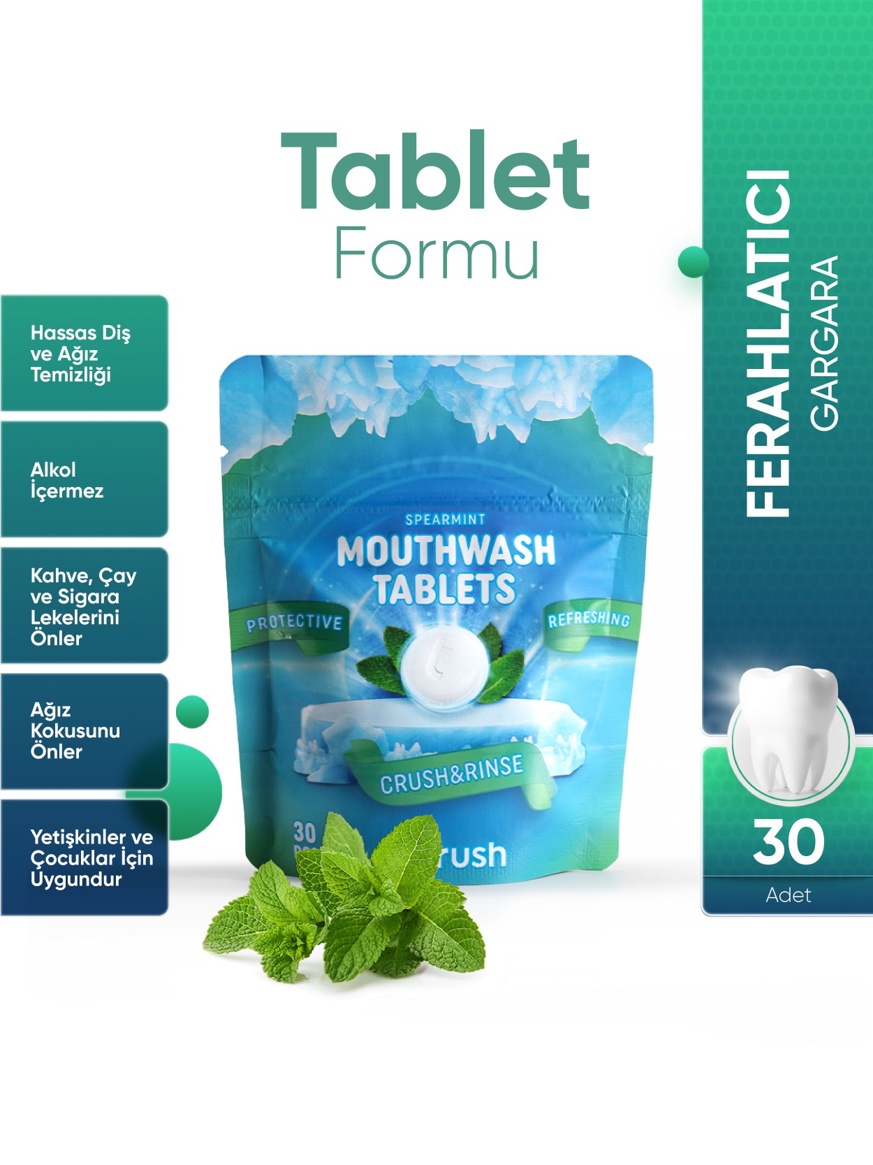 t-brush Nane Aromalı Ağız Çalkalama Tableti - 30 Tablet 