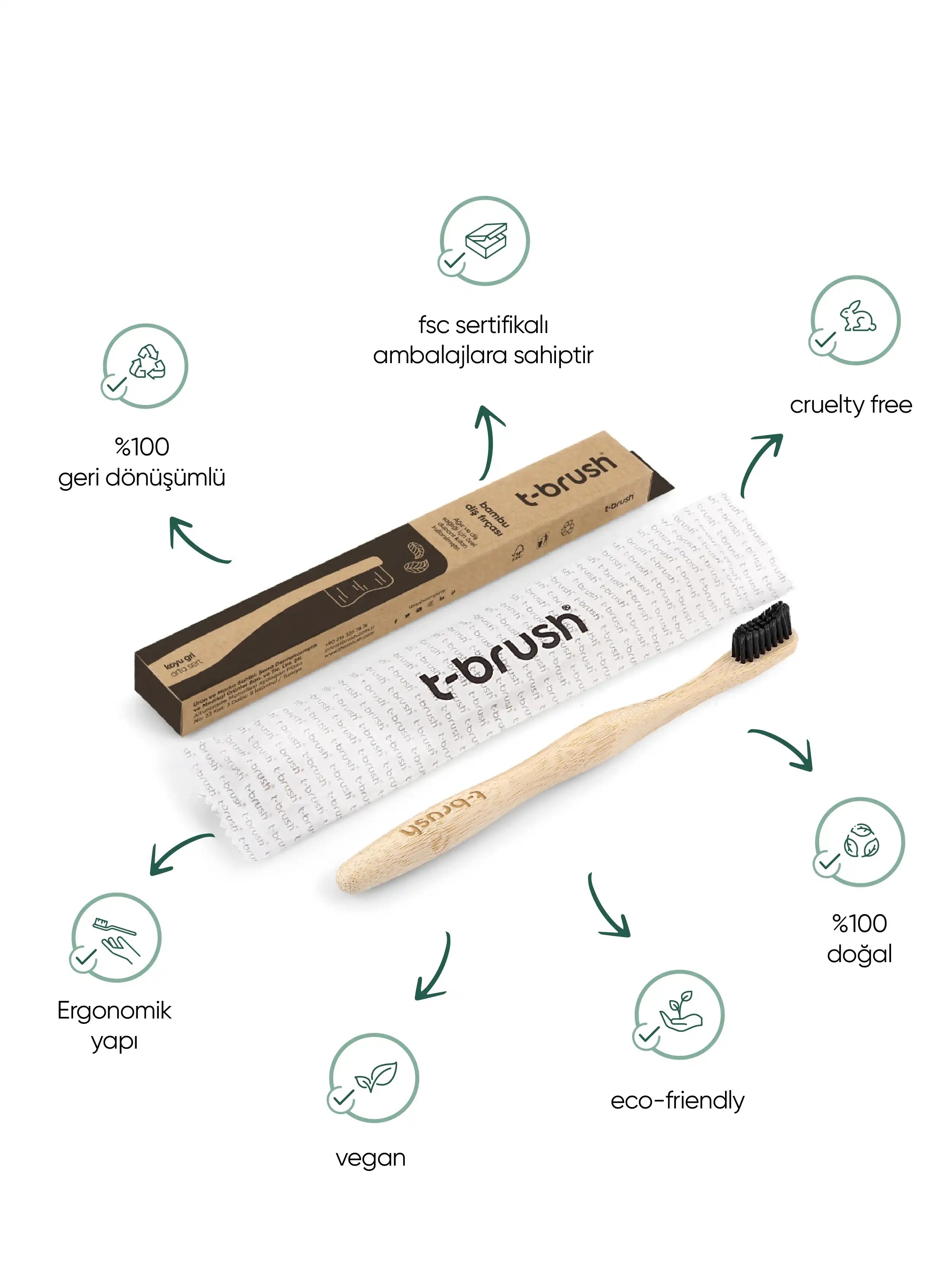T-Brush Bambu Diş Fırçası - Koyu Gri