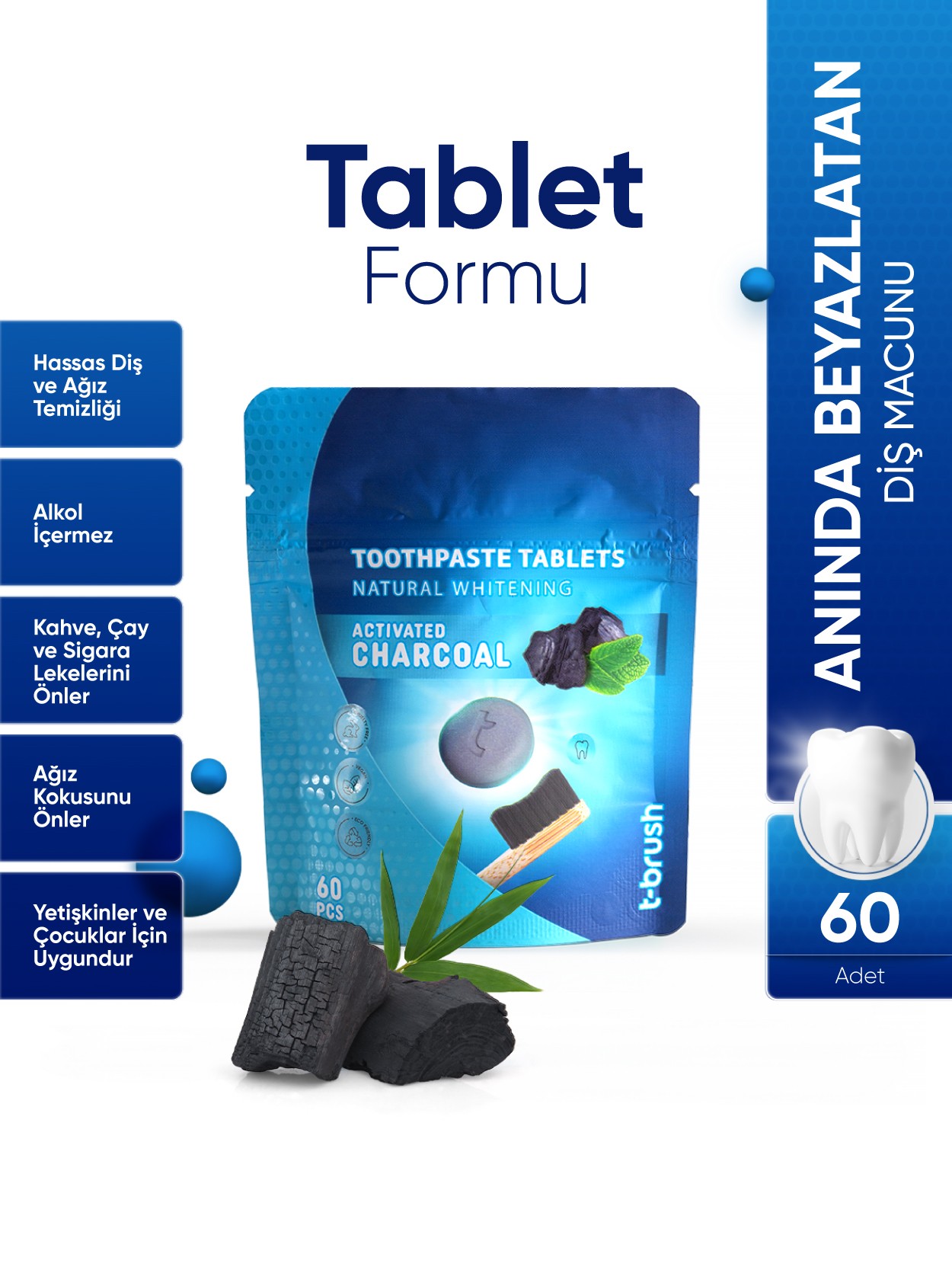 t-brush Aktif Kömür Beyazlatıcı Diş Macunu Tableti - 60 Tablet