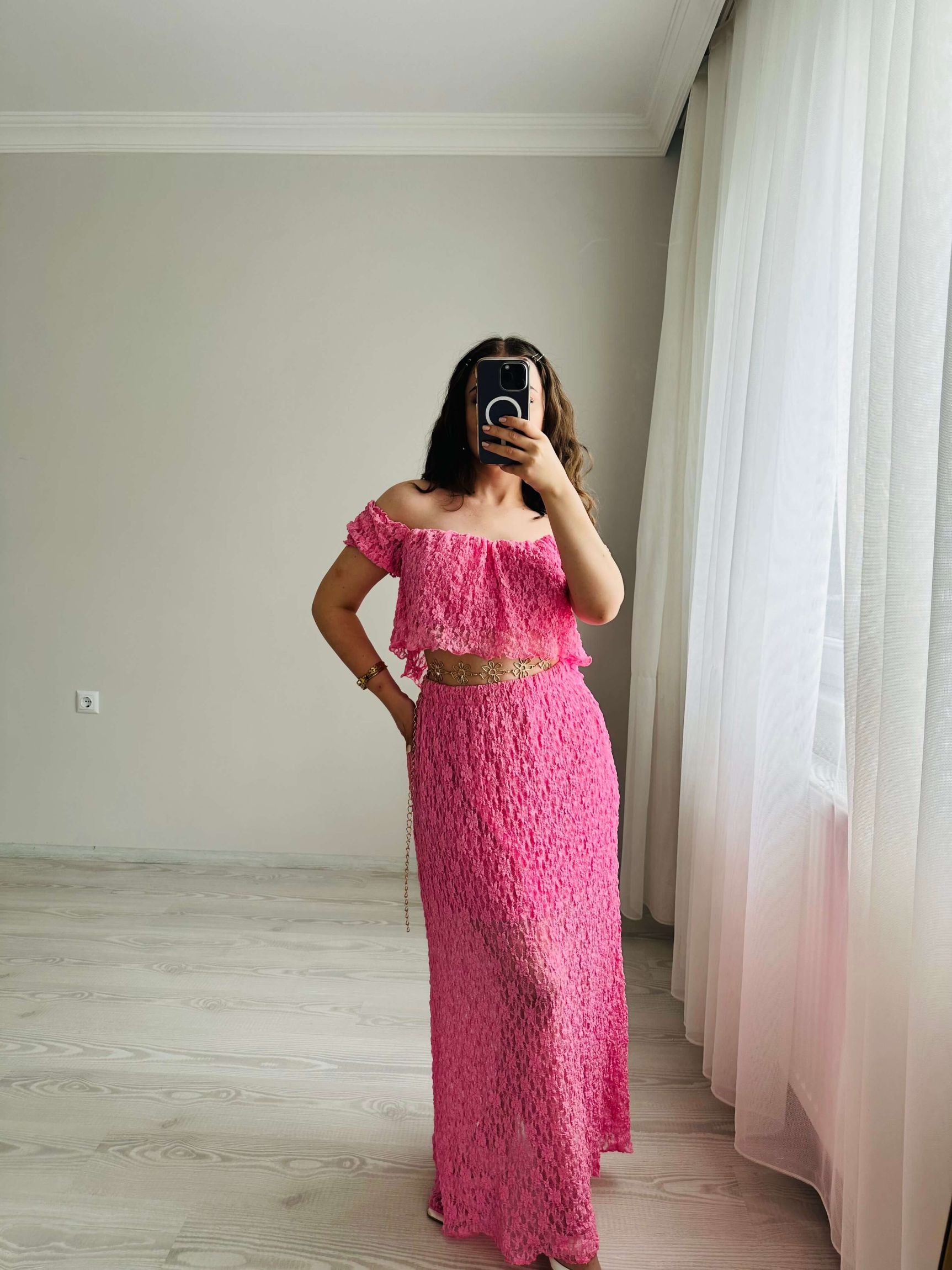 Dantelli Astarlı Crop Etek Takım - Pembe