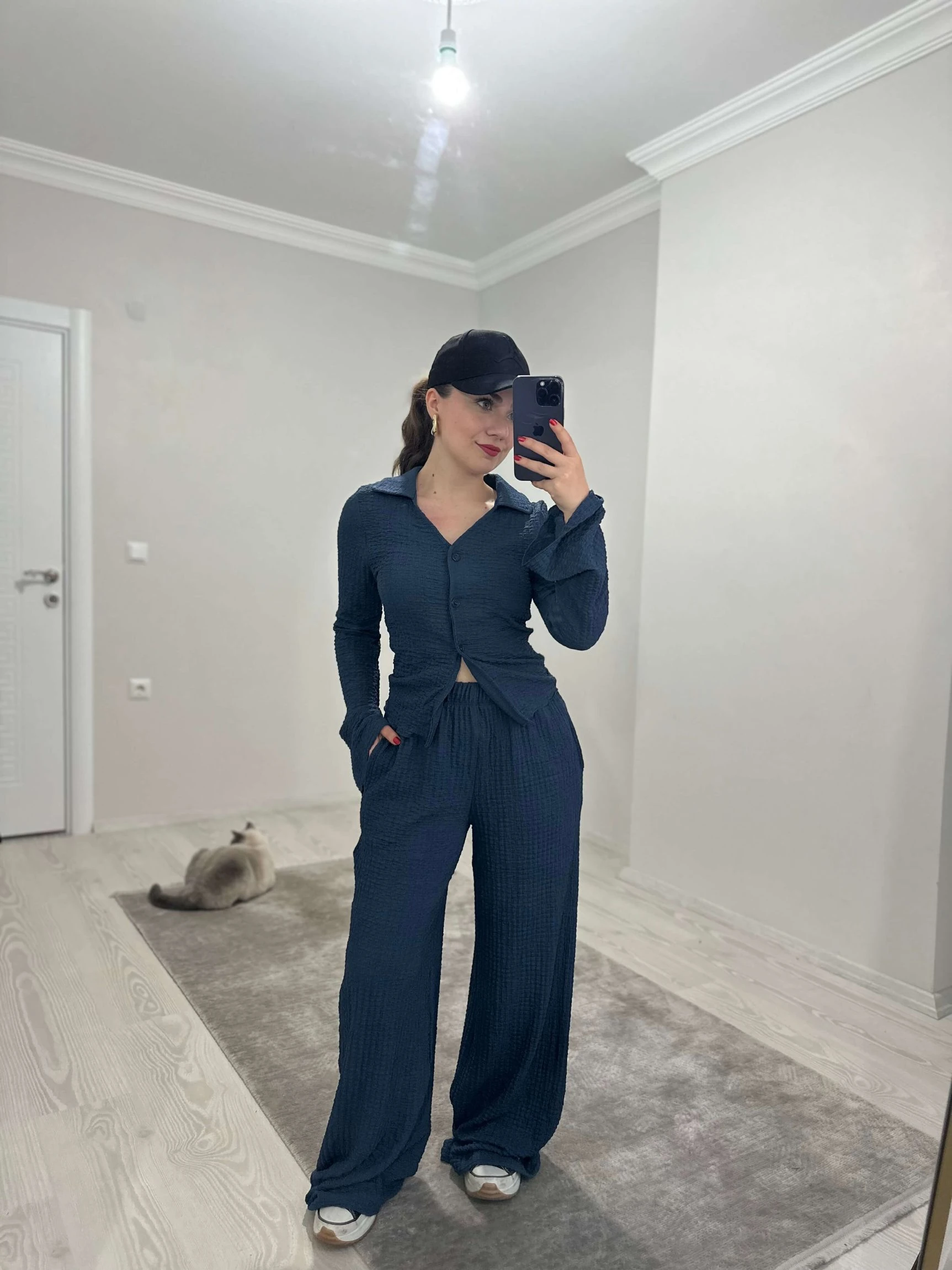 Bubble Kumaş İkili Takım - Petrol Mavisi