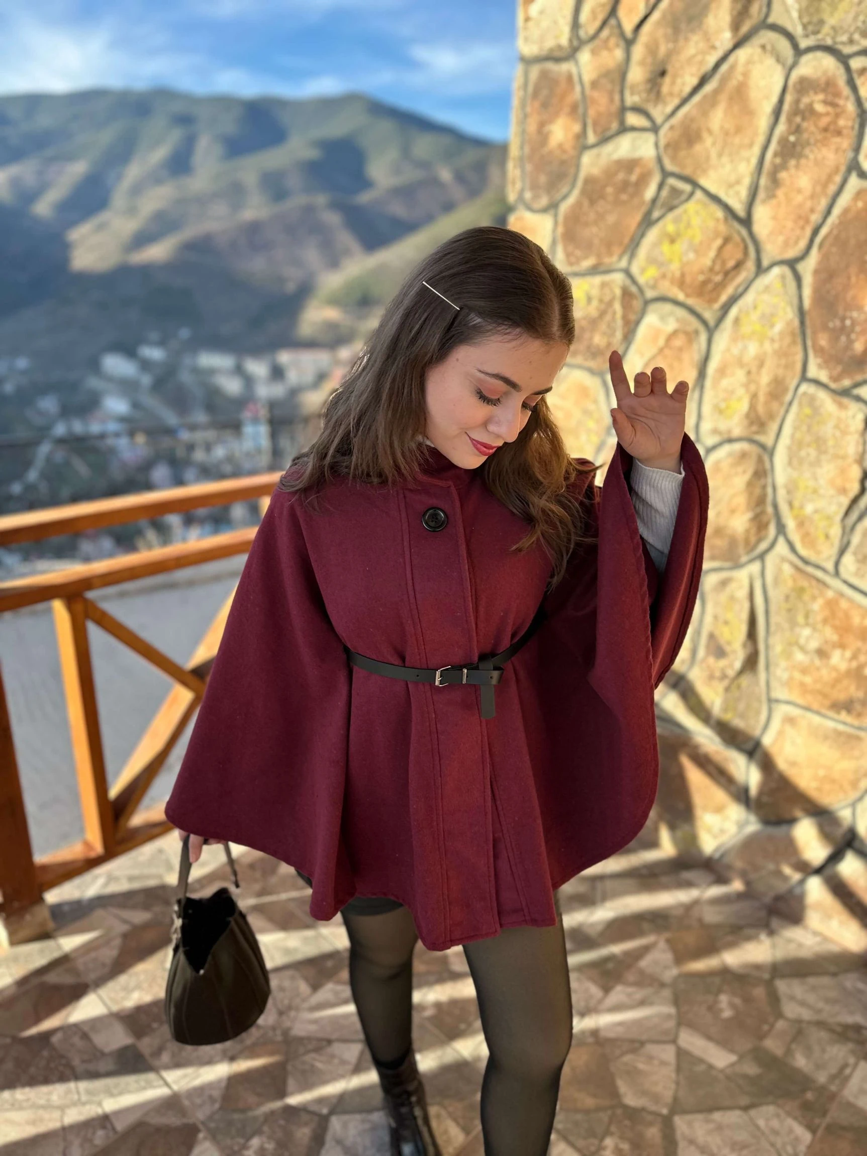 Kemerli Kaşe Panço - Bordo