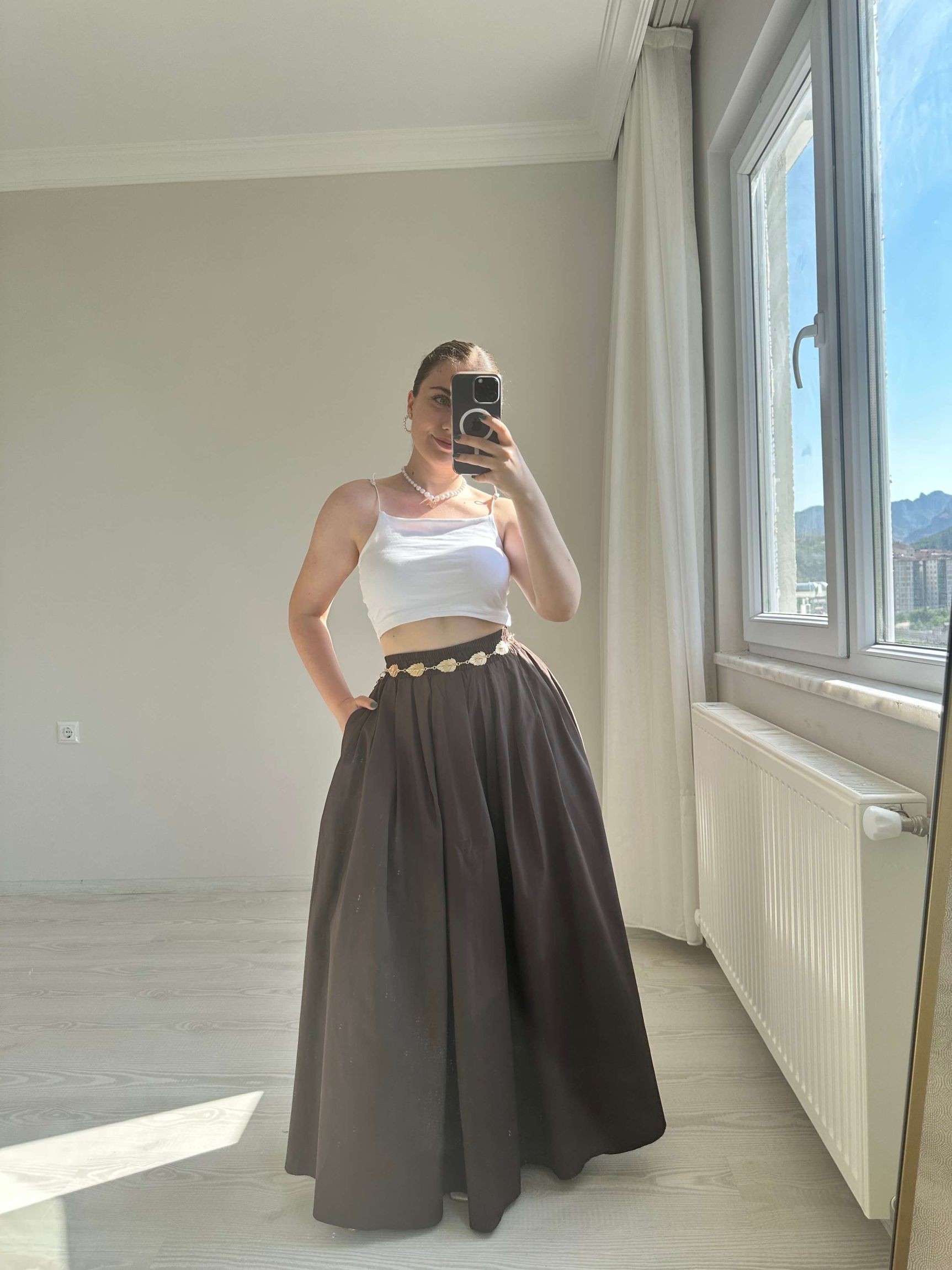 Poplin Kumaş Kabarık Etek - Kahverengi